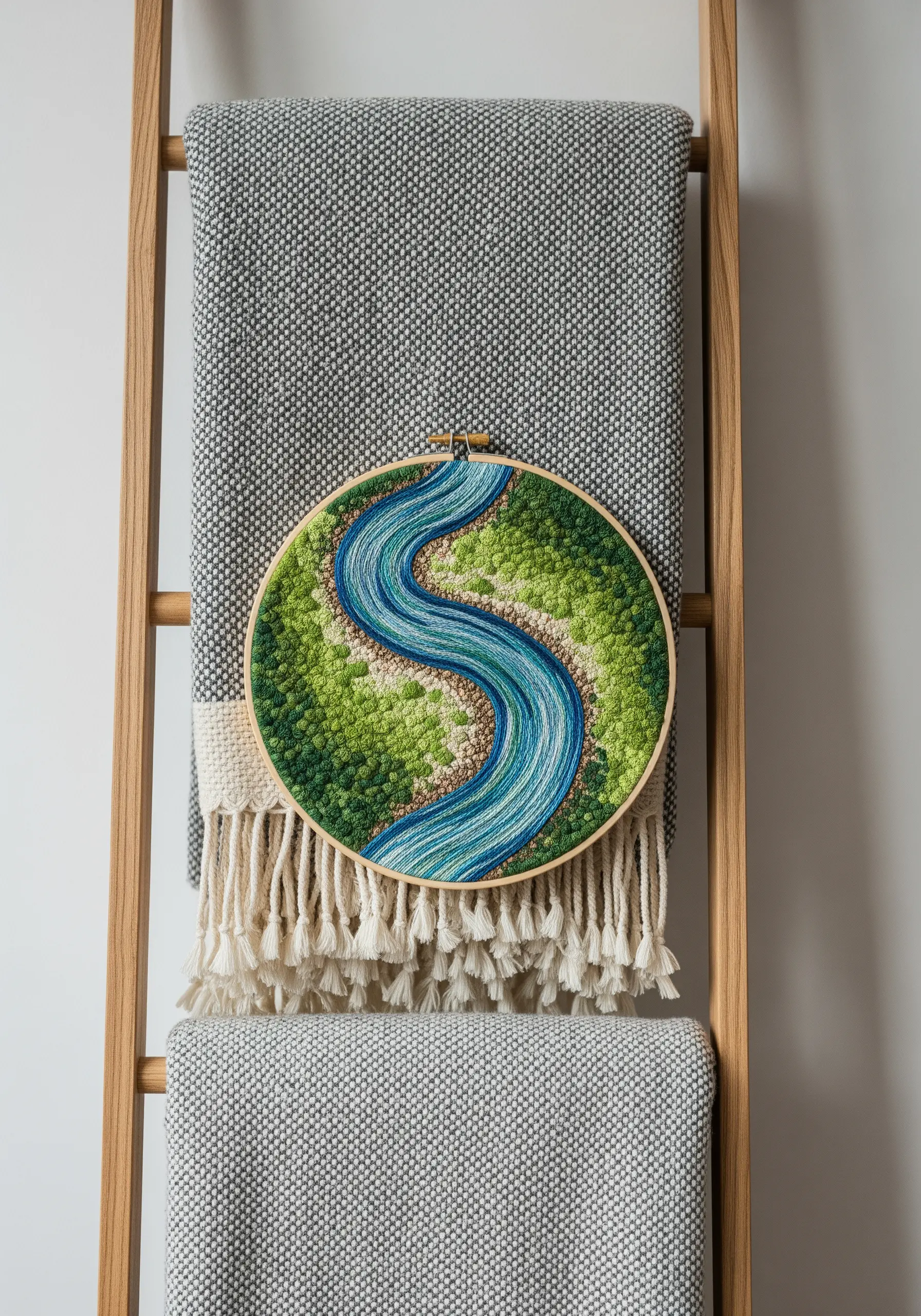 An aerial-view embroidery of a winding river surrounded by textured green banks.