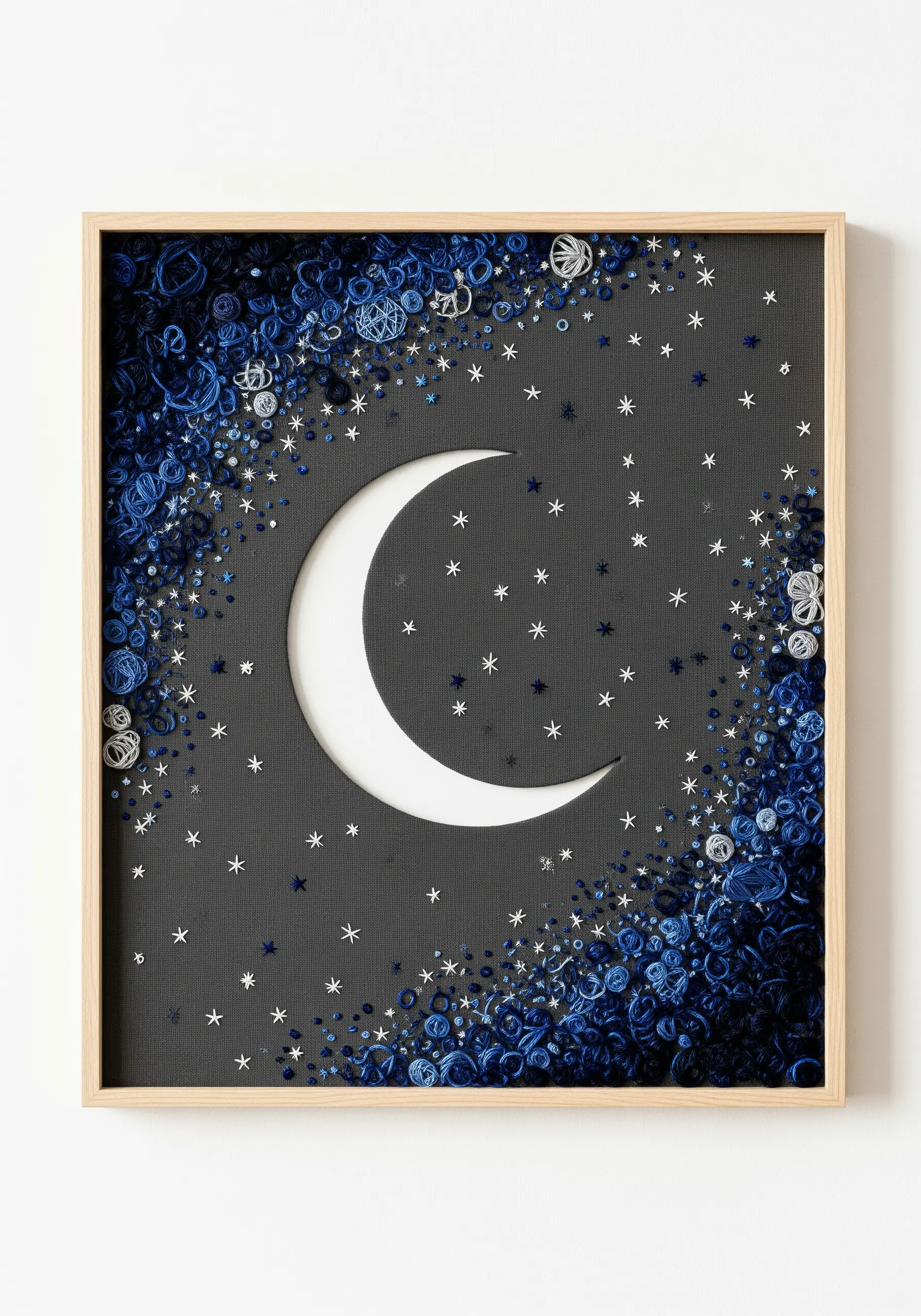 A negative-space crescent moon on dark fabric, surrounded by clusters of blue textural stitches.
