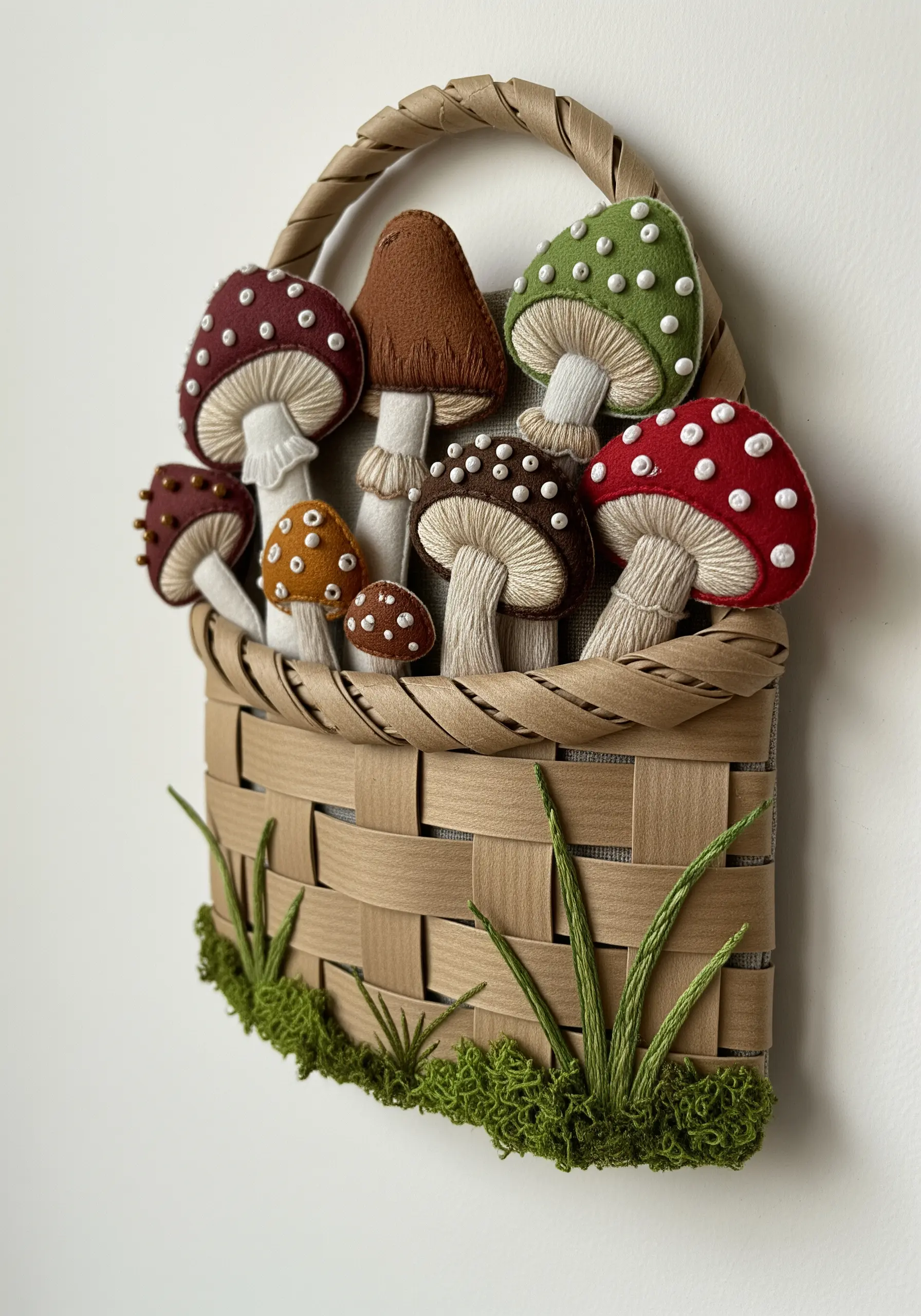 A woven basket wall hanging filled with various handmade 3D felt mushrooms with embroidered details.