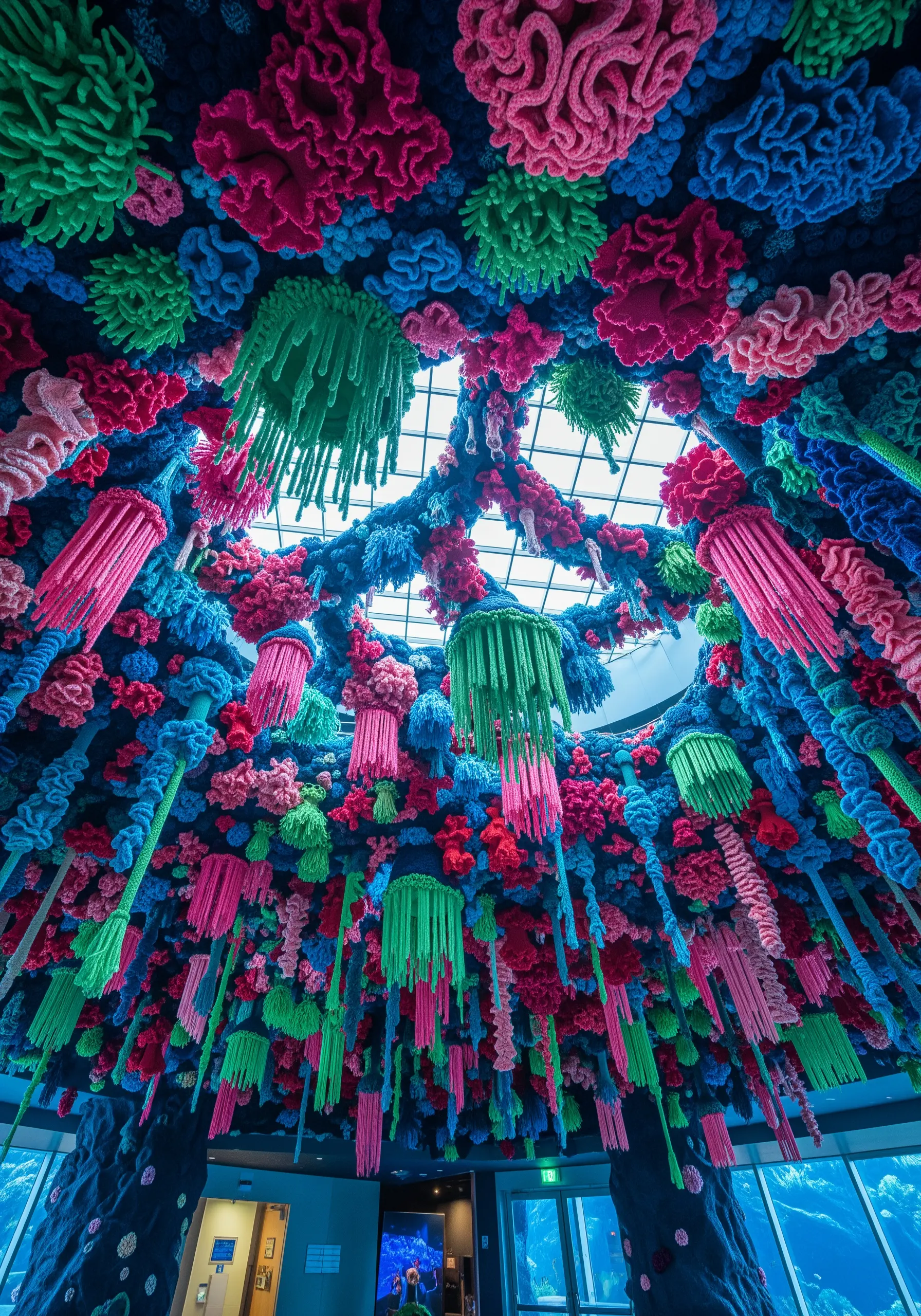 A vibrant, immersive ceiling installation of crocheted coral reef forms in pink, green, and blue.