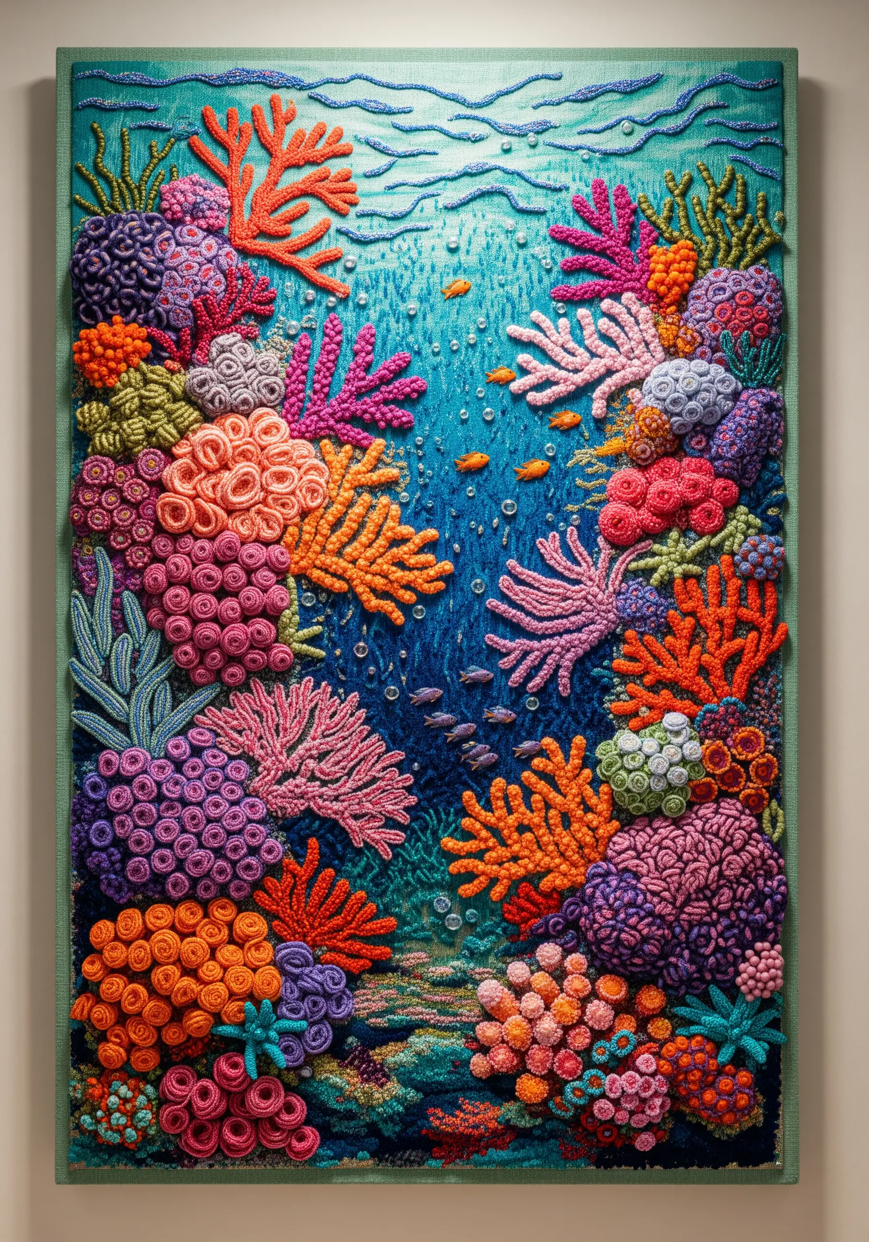 A vibrant and textural embroidered coral reef scene with various knots and 3D stitches.