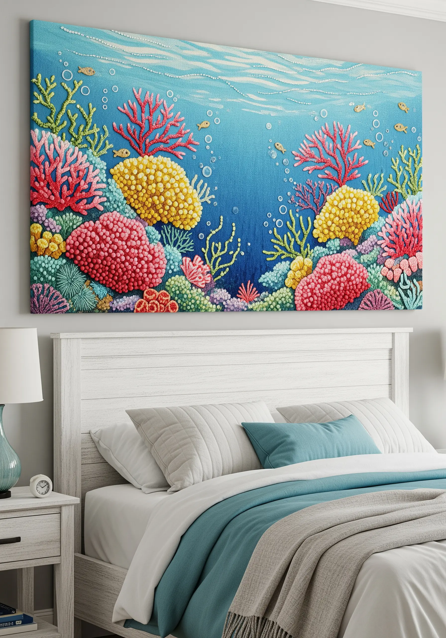A vibrant embroidered coral reef scene with French knots and other textured stitches.