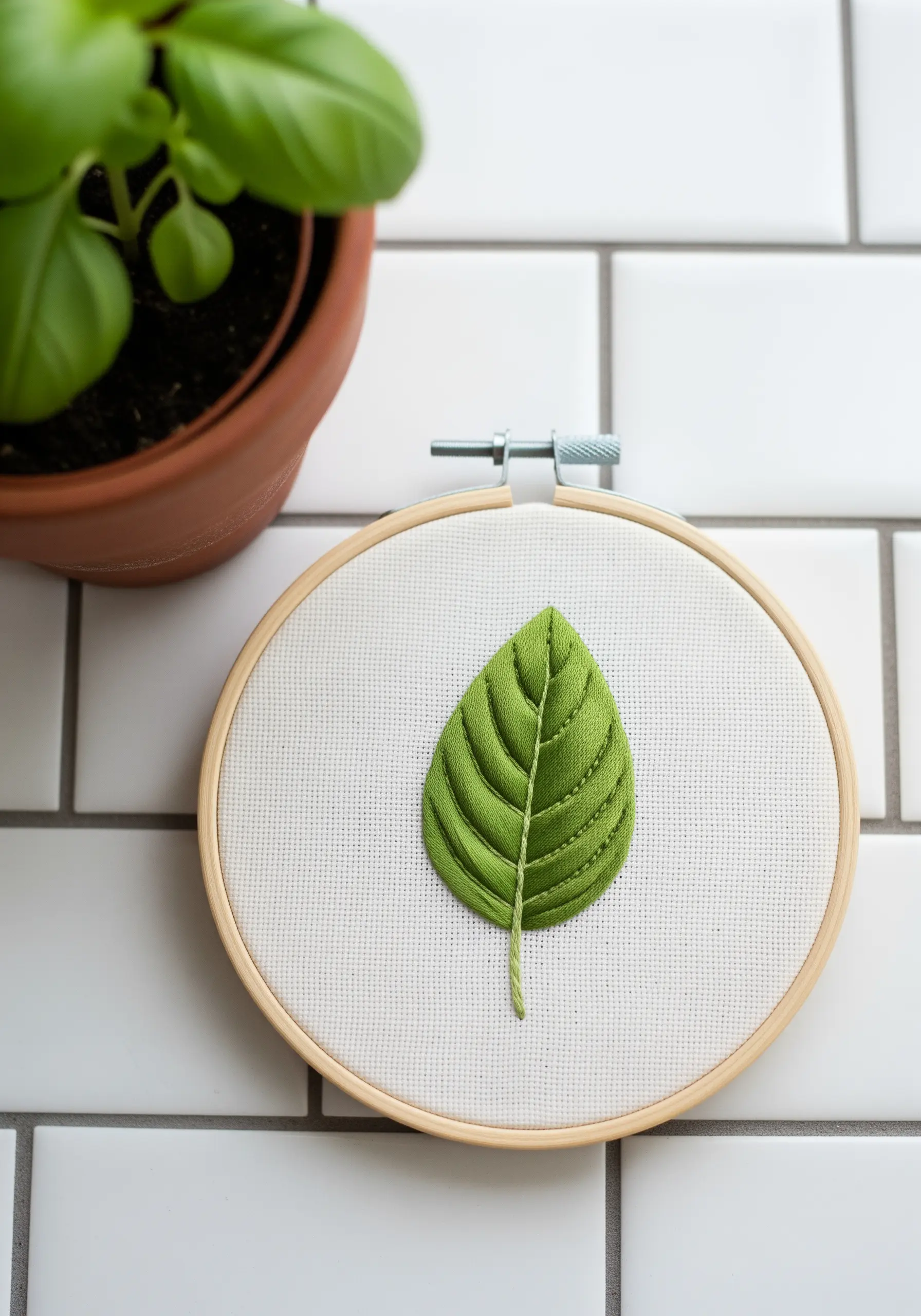 A single, large basil leaf embroidered with detailed directional satin stitch, creating a 3D effect.