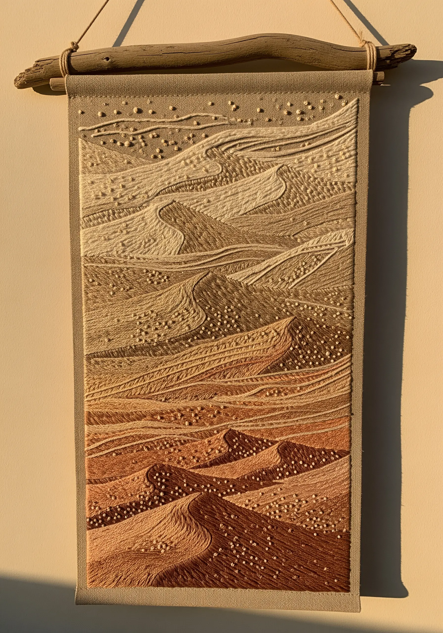 A wall hanging depicting sand dunes embroidered with long-and-short stitch in earthy tones.