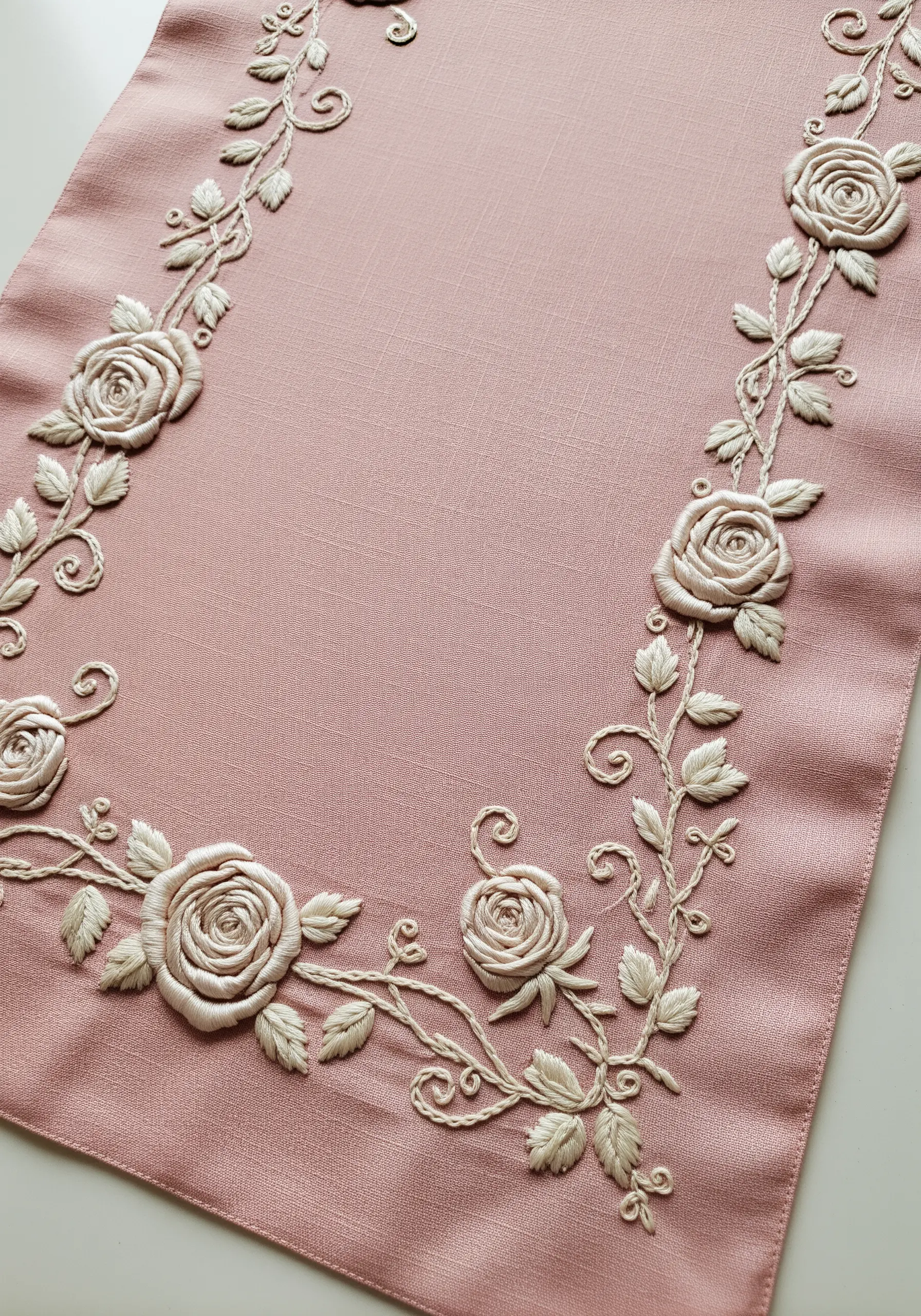 Dimensional white roses made with woven wheel stitch on a pink table runner.