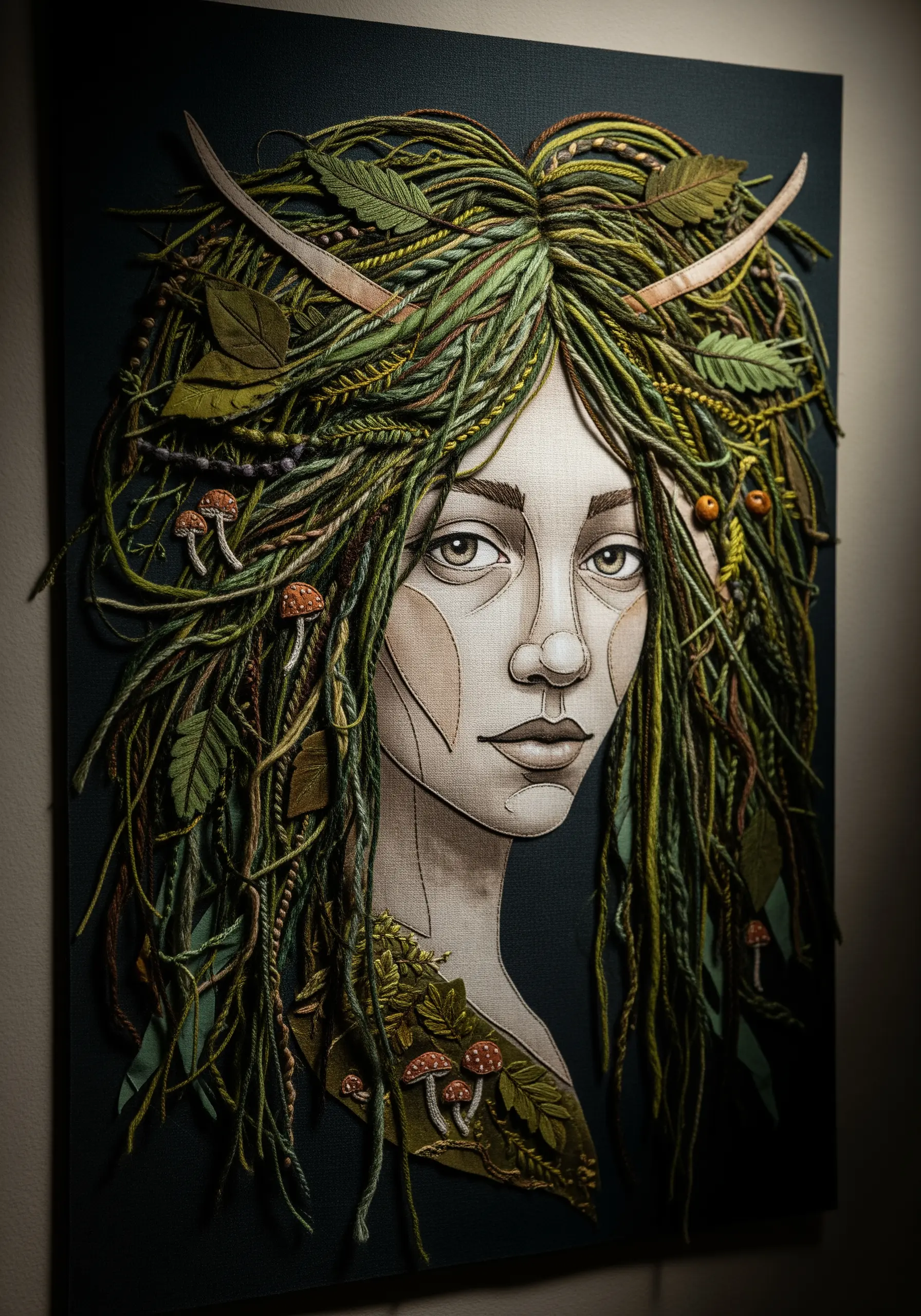A portrait of a forest spirit with sculptural hair made from couched yarn.