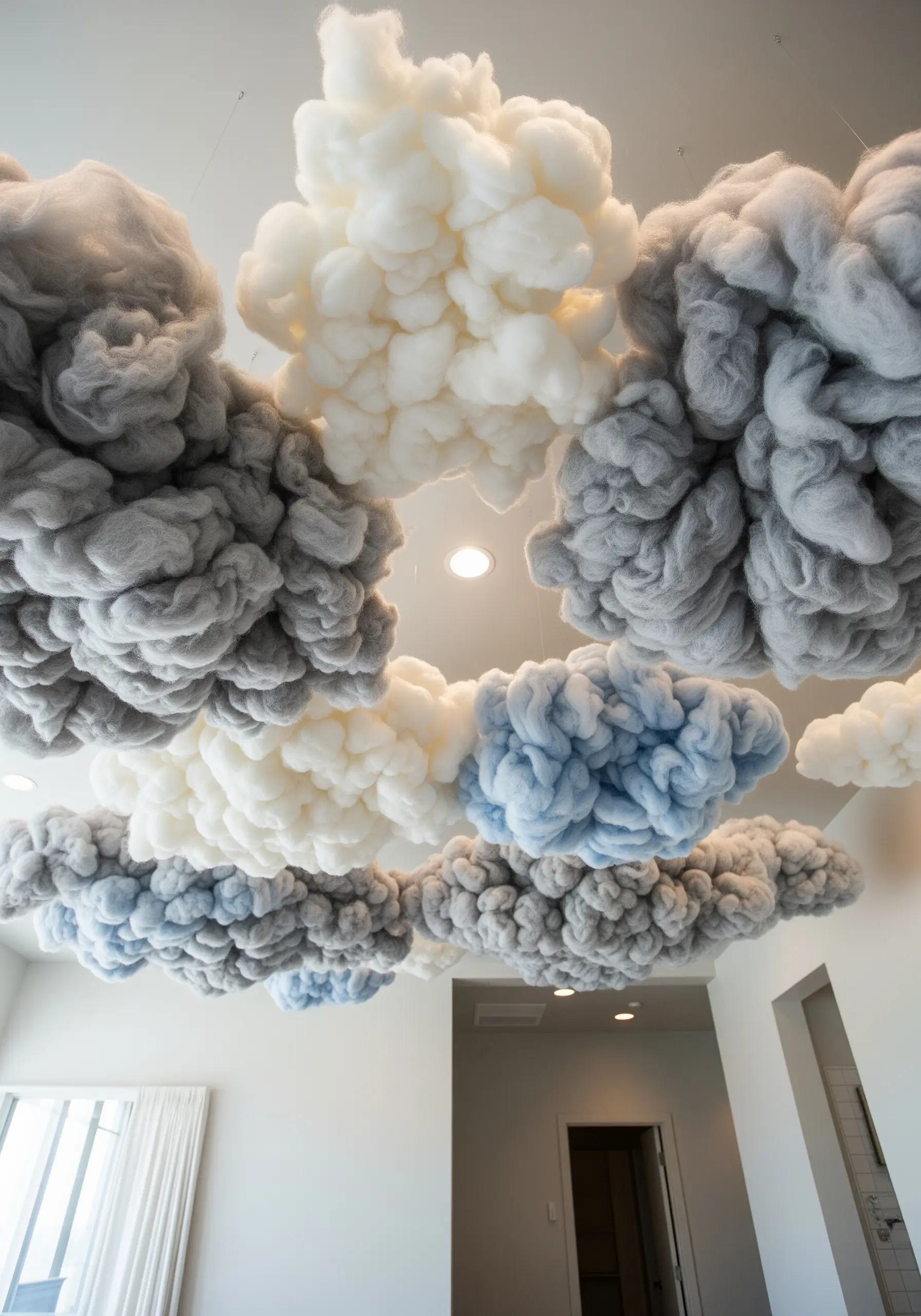 A collection of fluffy, sculptural clouds made from grey, white, and blue wool roving, hanging from a ceiling.