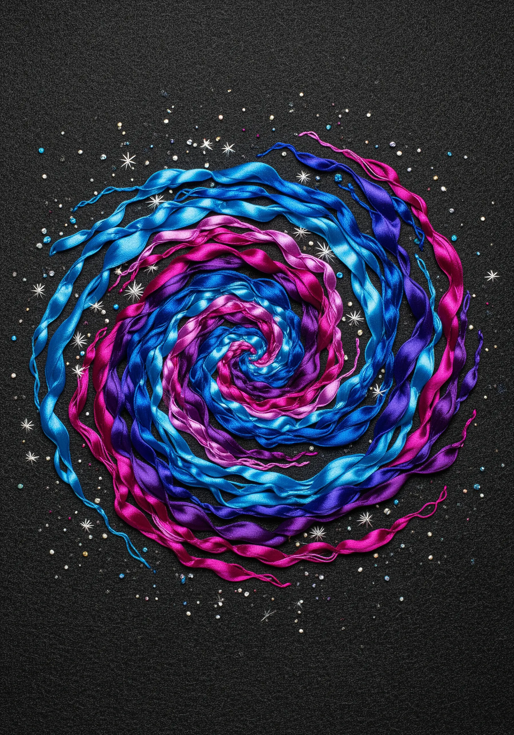 A dimensional swirl of blue, purple, and pink silk ribbon on a dark, sparkling background.
