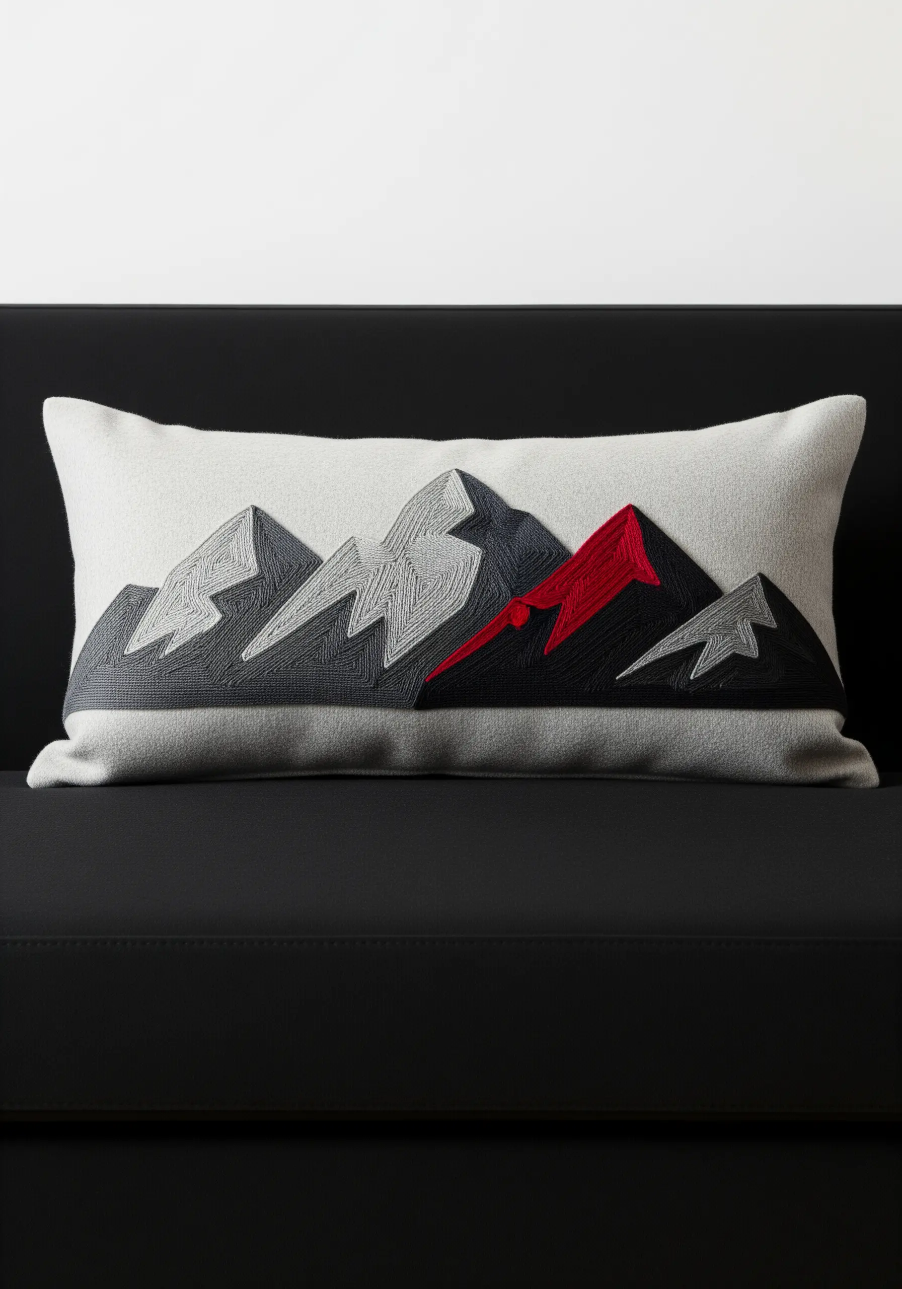 A lumbar pillow with embroidered mountains in grey and black, with one red peak.