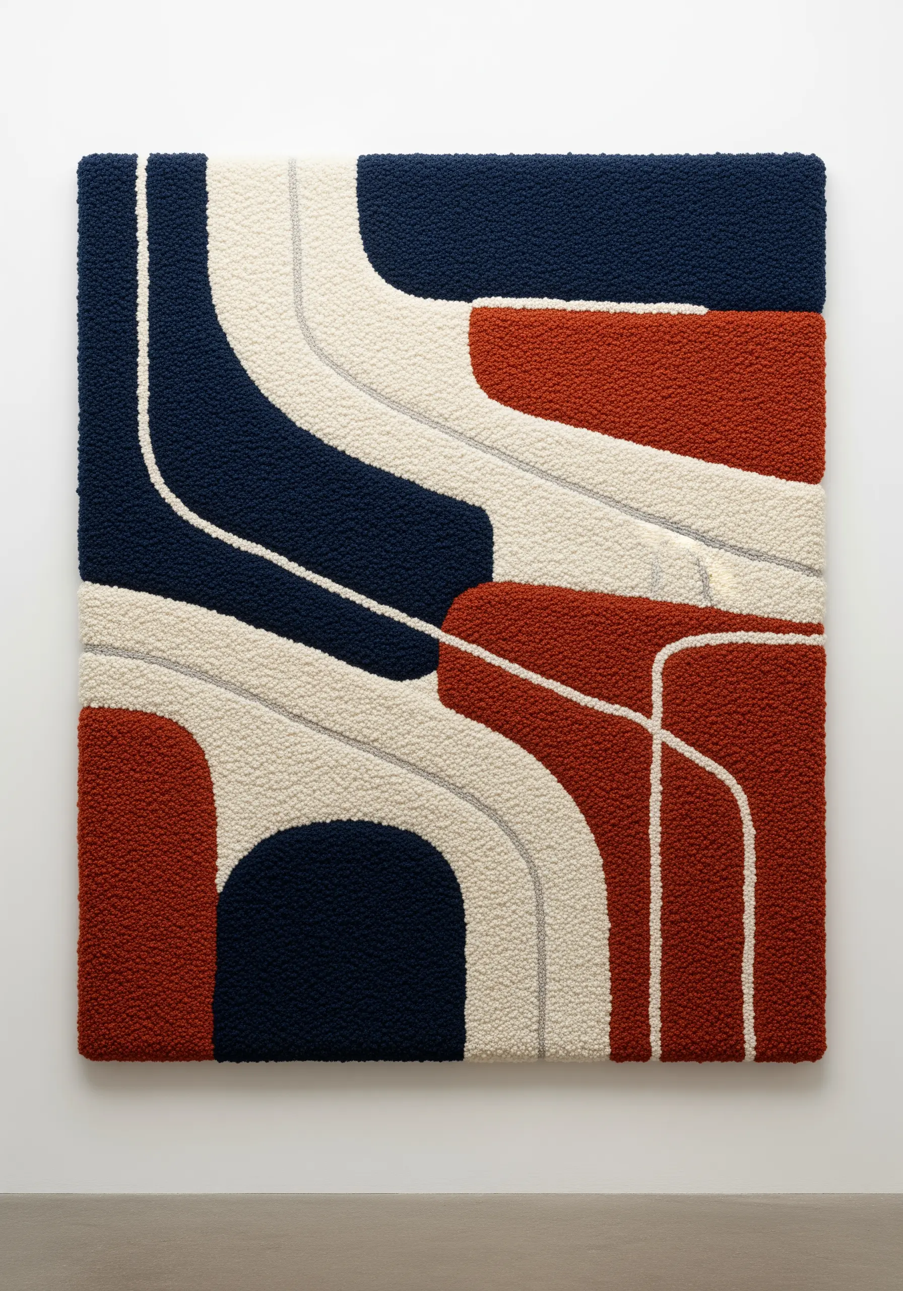 Modern tufted wall art with abstract navy, cream, and rust-colored shapes.