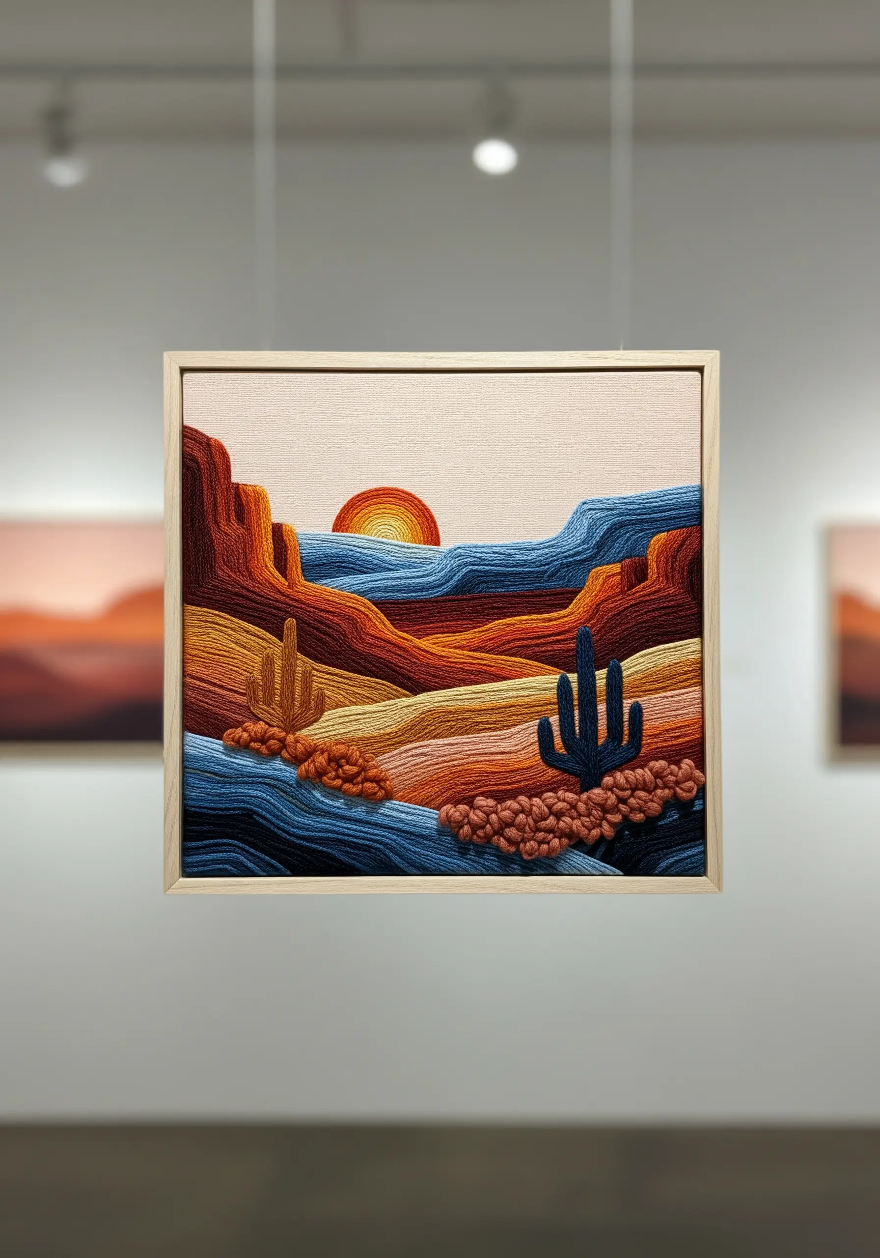 Framed textile art of a desert canyon with highly textured, layered yarn embroidery.