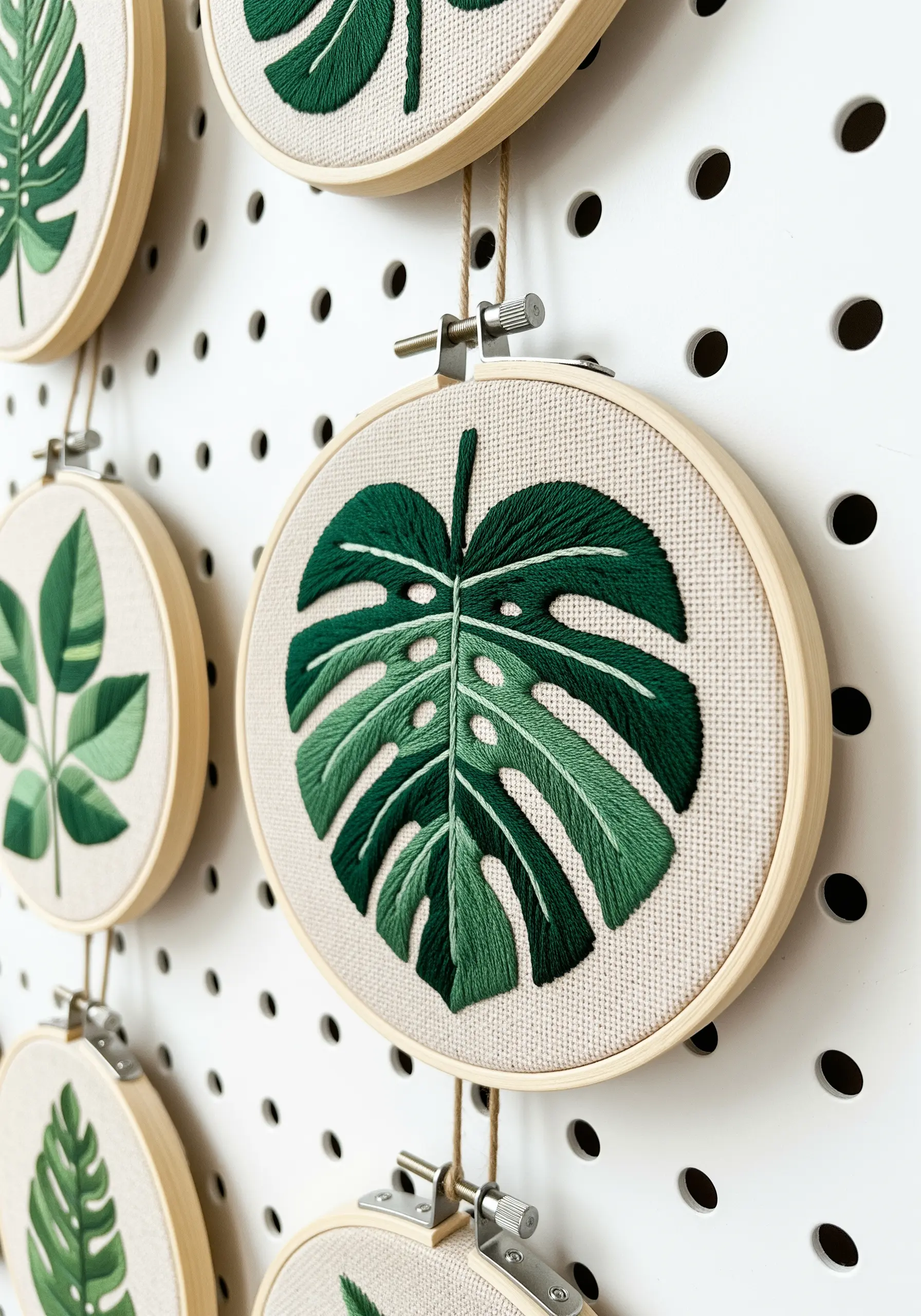 A detailed Monstera leaf embroidery with varied green shades and directional satin stitch.