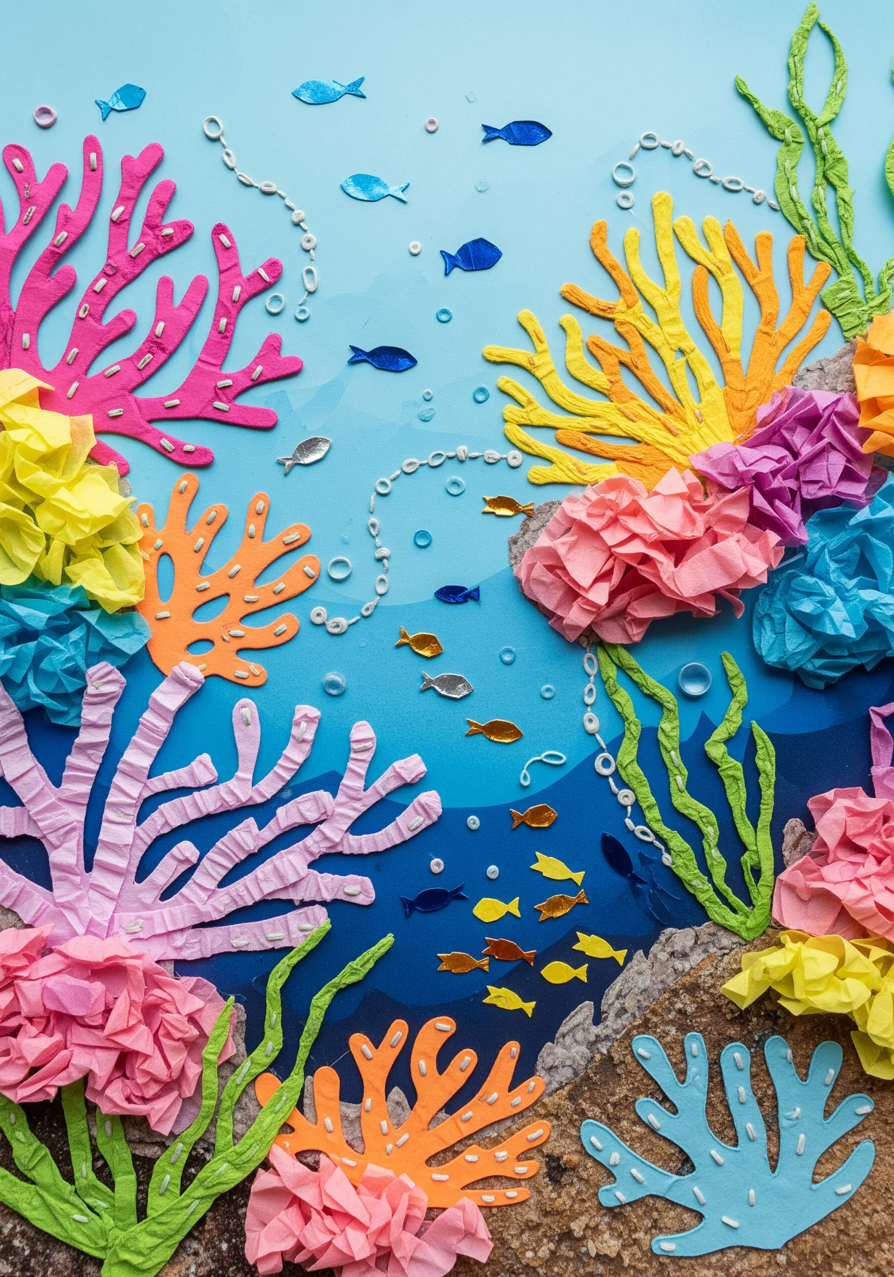 A vibrant 3D paper collage of a coral reef with colorful fish and seaweed.