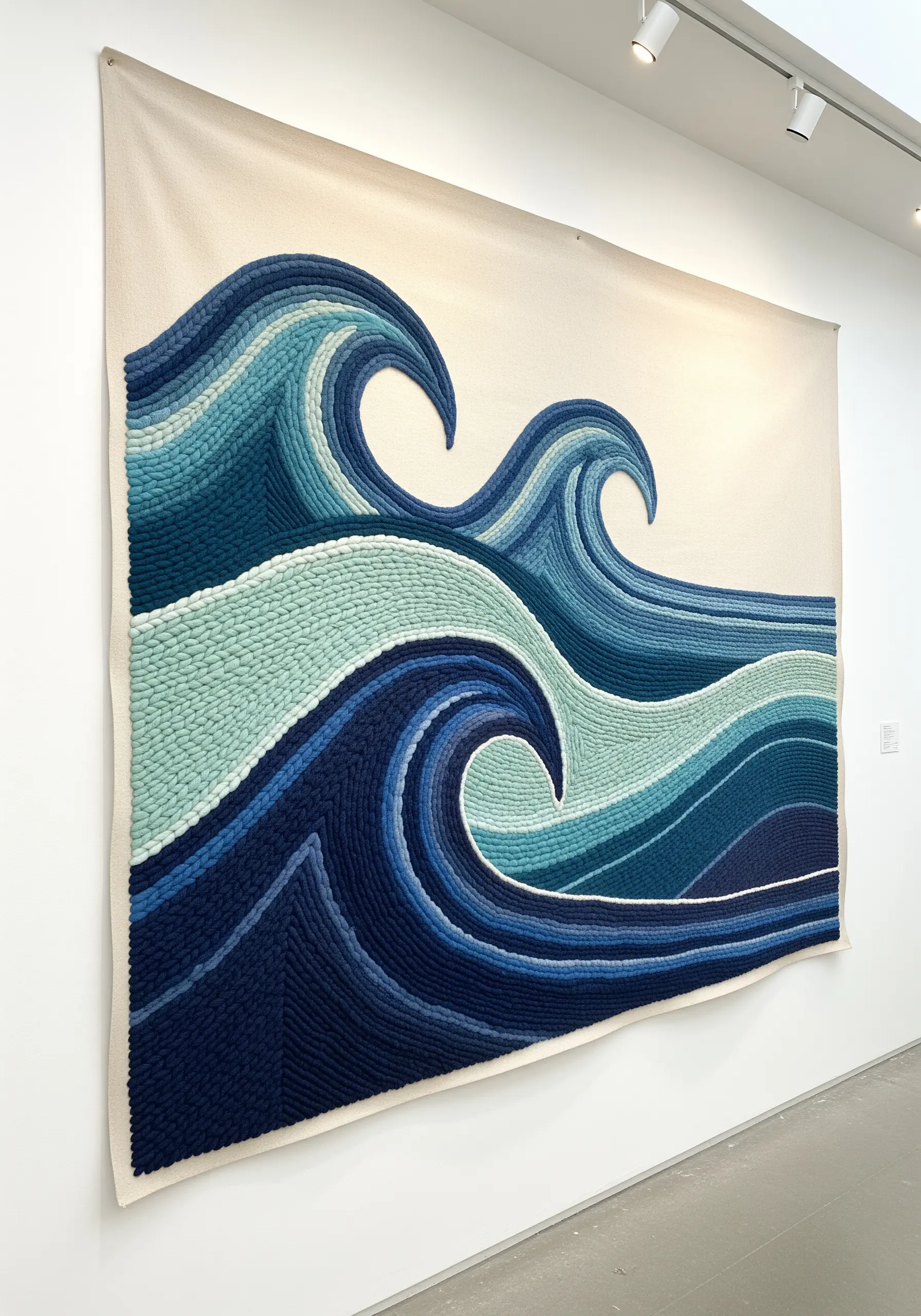 A large wall tapestry depicting stylized ocean waves in shades of blue and teal.