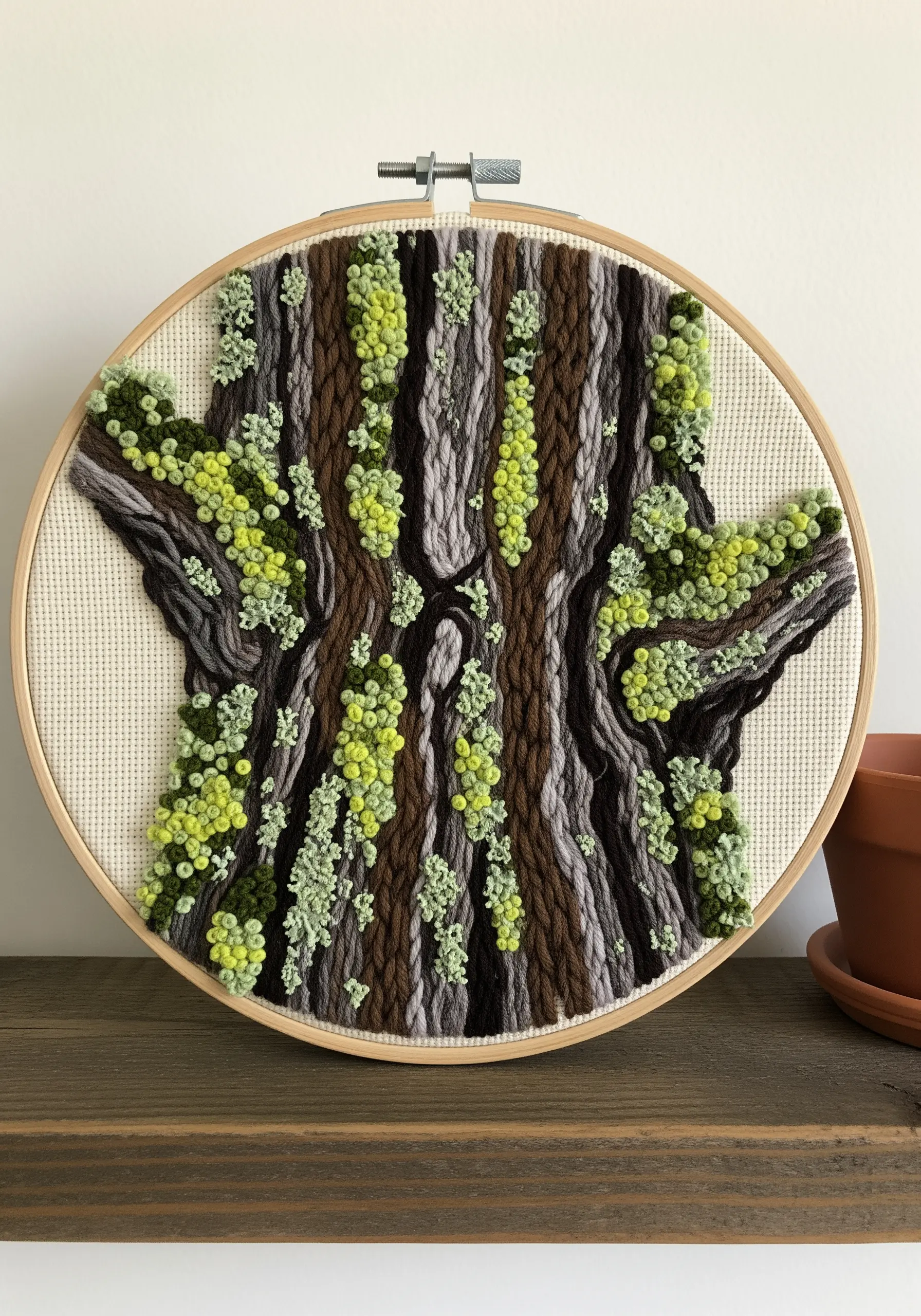 Thickly textured embroidery of a mossy tree trunk using yarn and French knots.