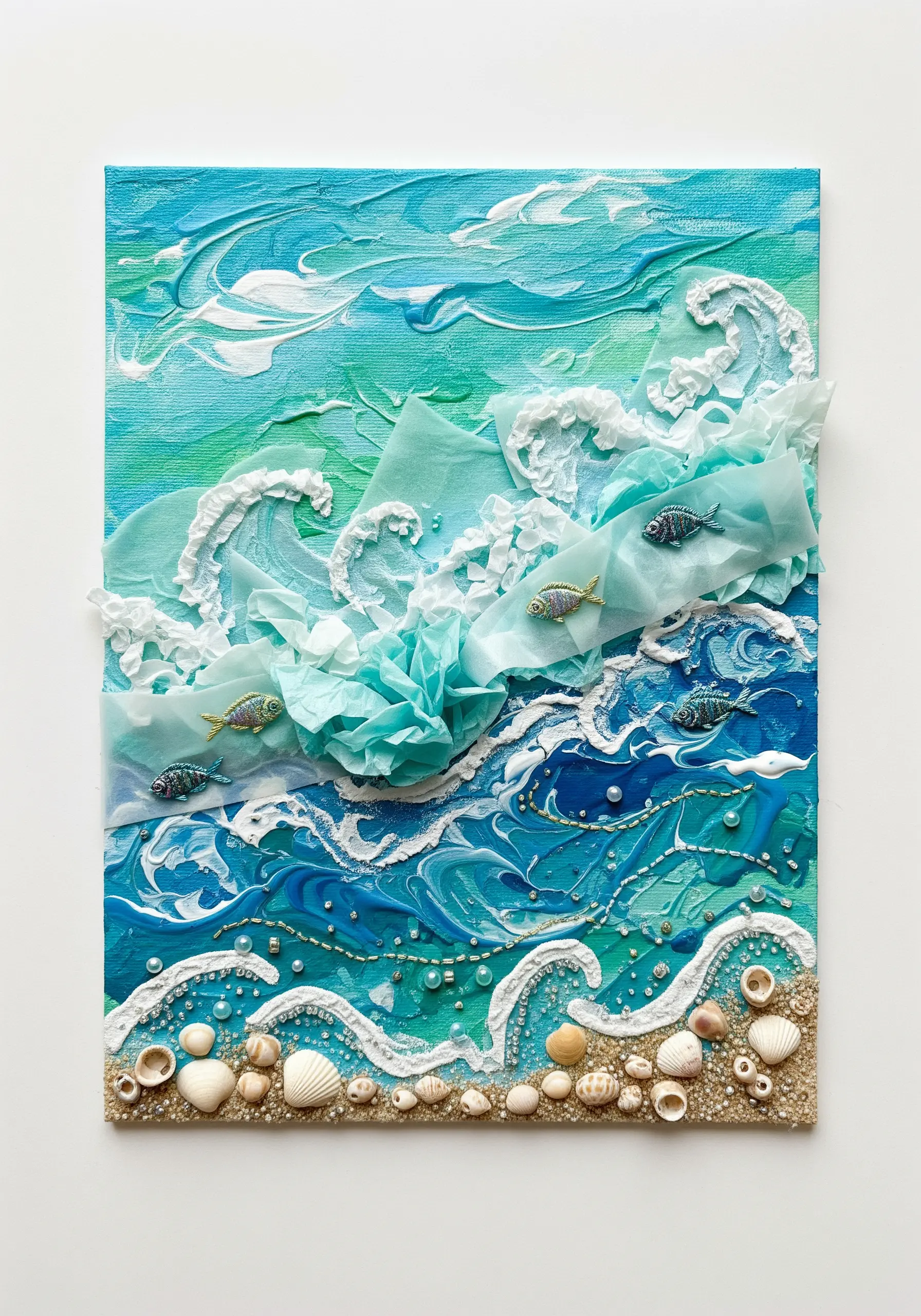 Mixed-media ocean scene with painted canvas, fabric waves, beads, and real shells.