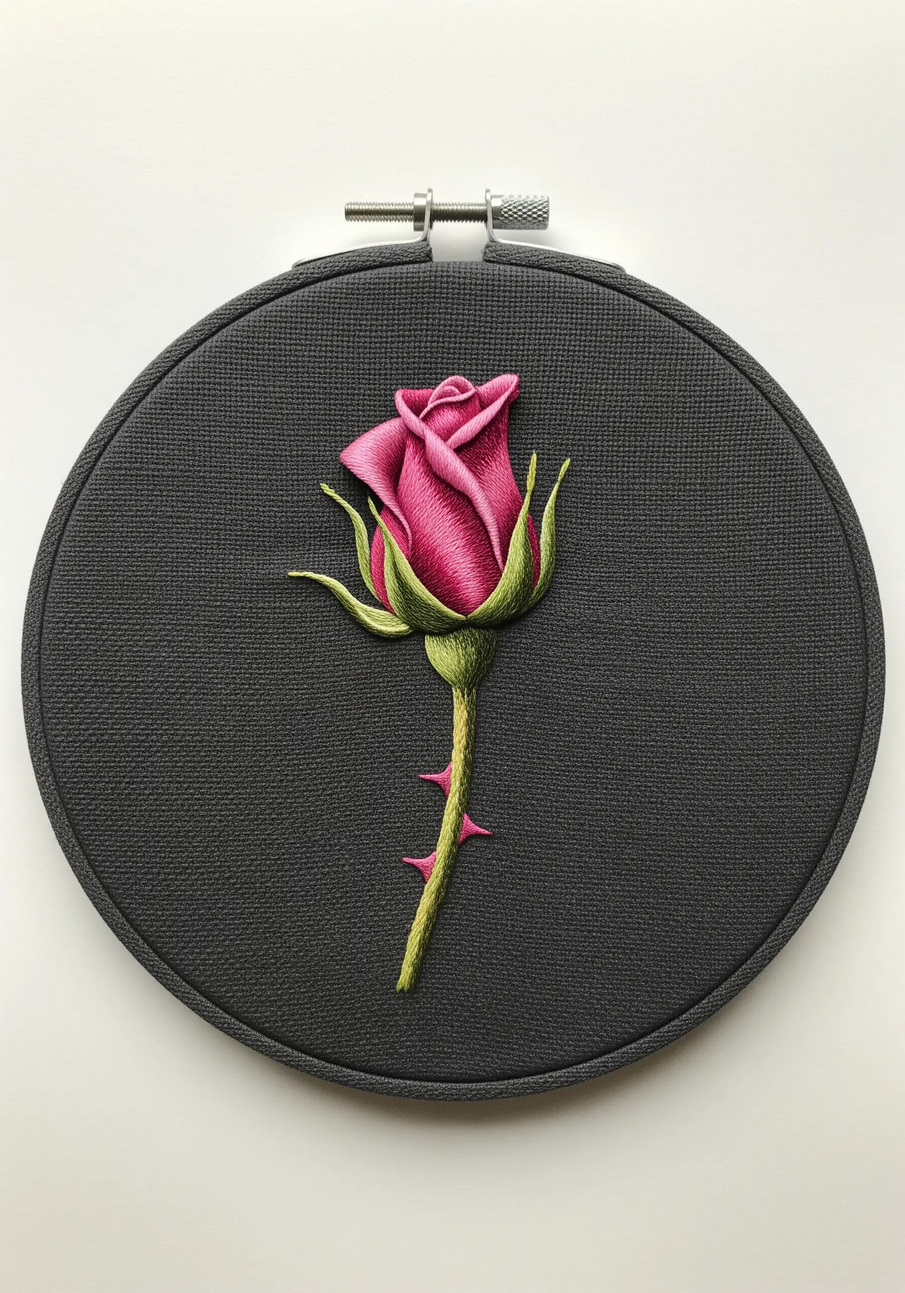 A single, realistic pink rosebud embroidered with careful shading on dark grey fabric.