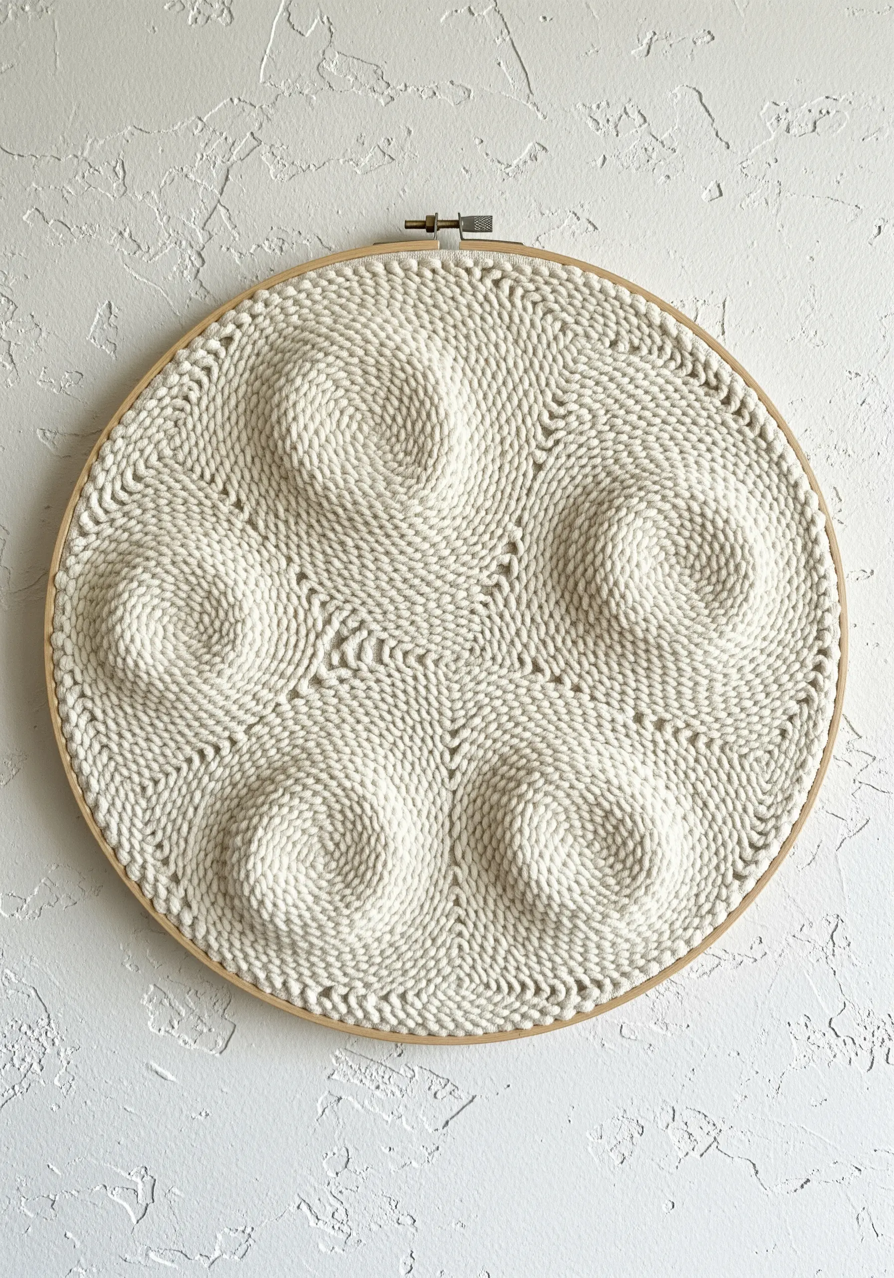 A circular hoop filled with a cream-colored coiled yarn texture, featuring raised bumps.