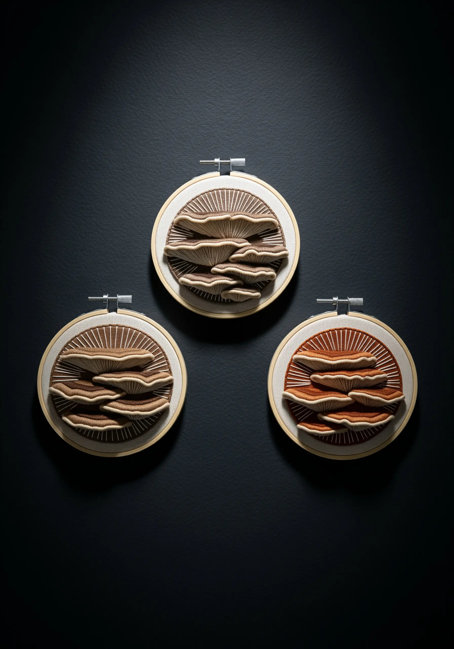 Three embroidery hoops displaying 3D shelf mushrooms made with layered satin stitch in earthy tones.