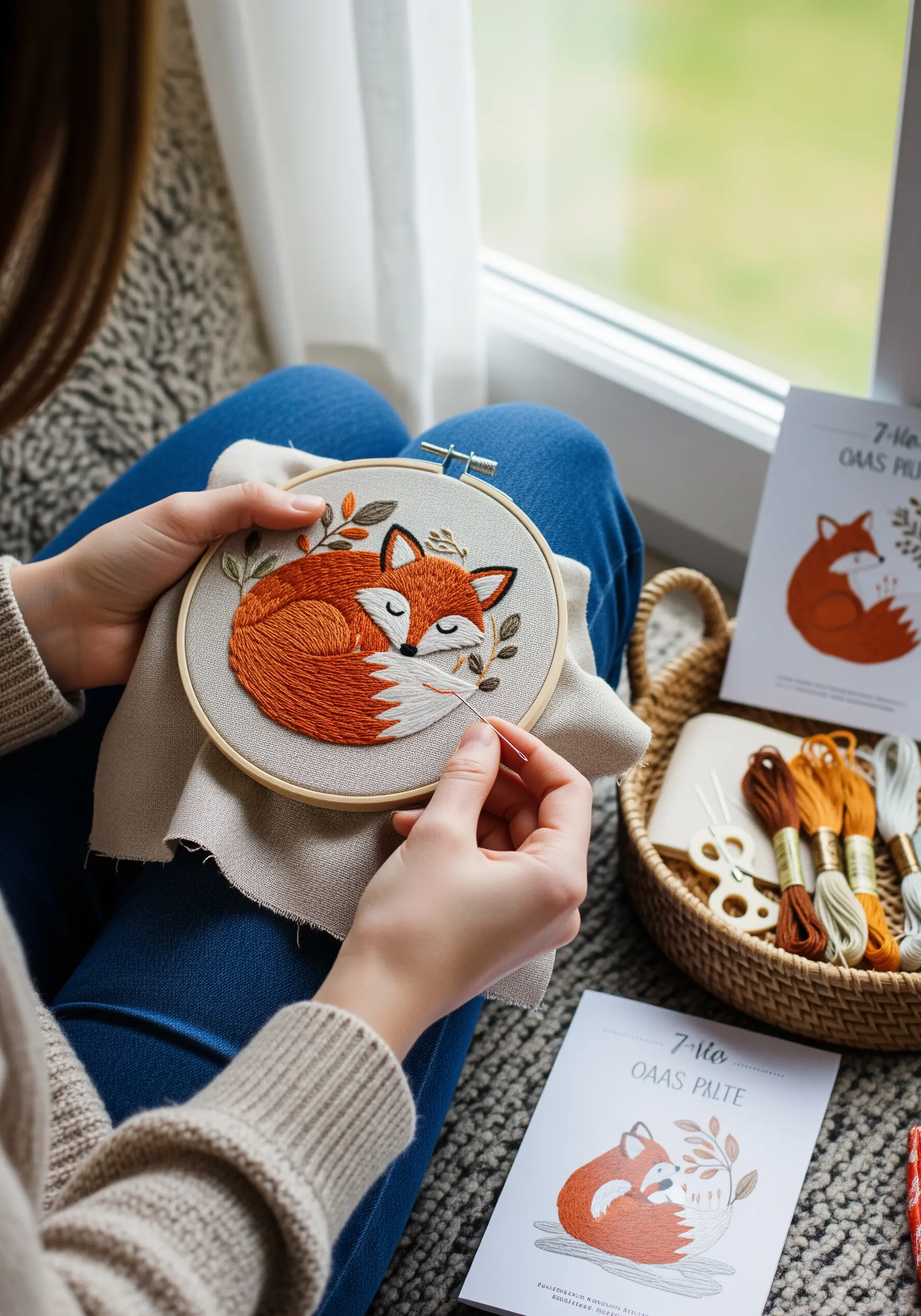 A woman stitching a sleeping fox with orange and white thread to create a soft fur texture.