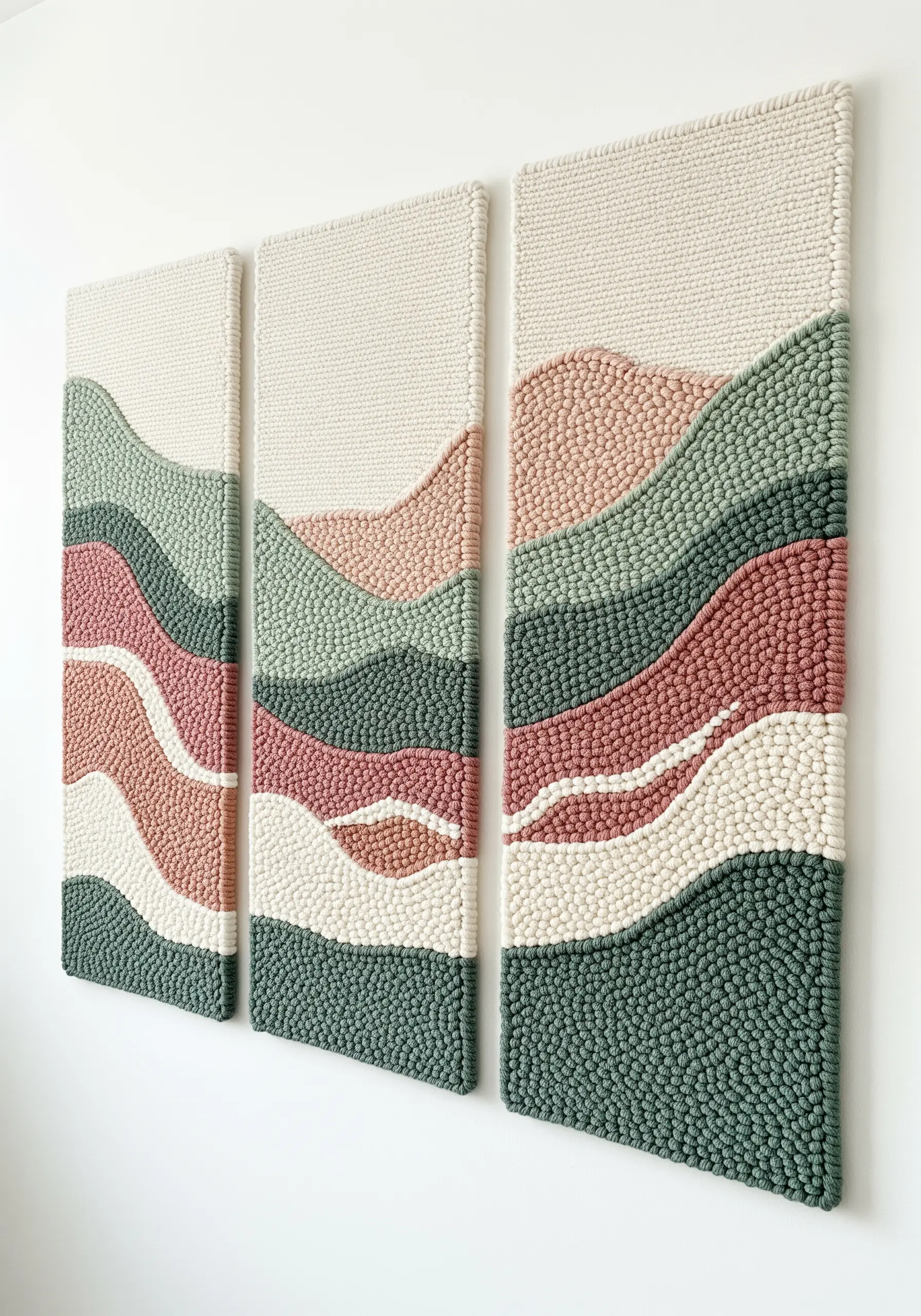 A triptych of punch needle wall art depicting rolling hills in muted earth tones.