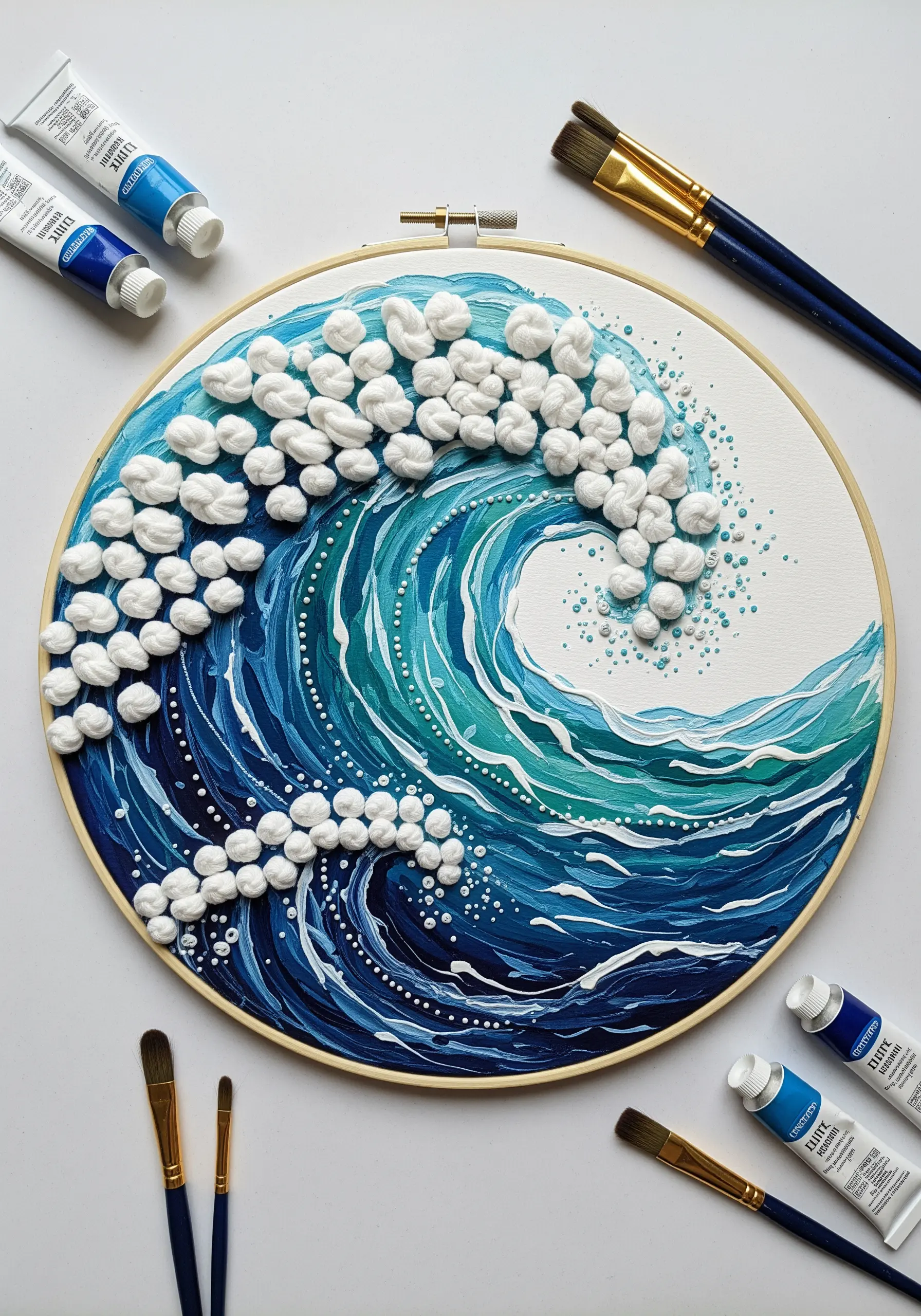 A painted ocean wave in a hoop with dimensional white knots creating the texture of sea foam.