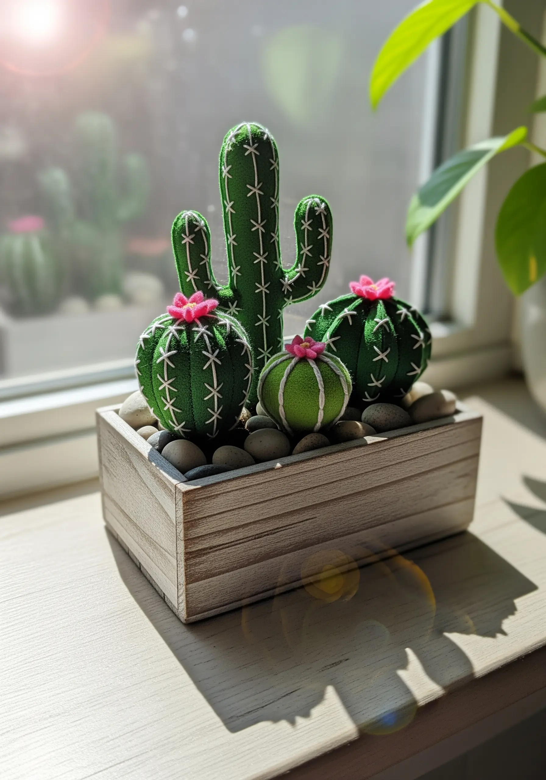 A collection of small, 3D fabric cacti with white stitched spines in a wooden box.