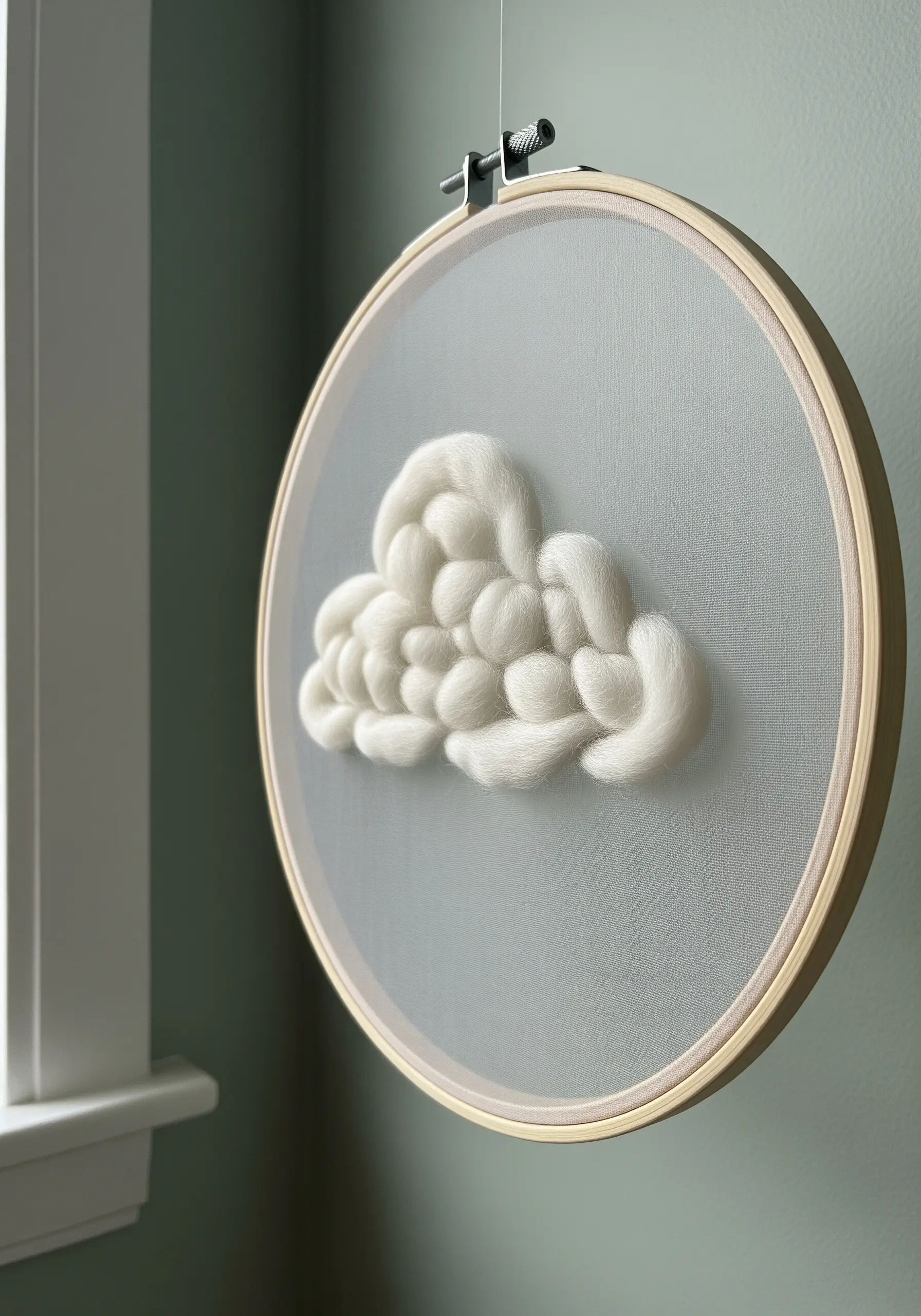 A fluffy white wool roving cloud sculpted onto sheer fabric in an embroidery hoop.