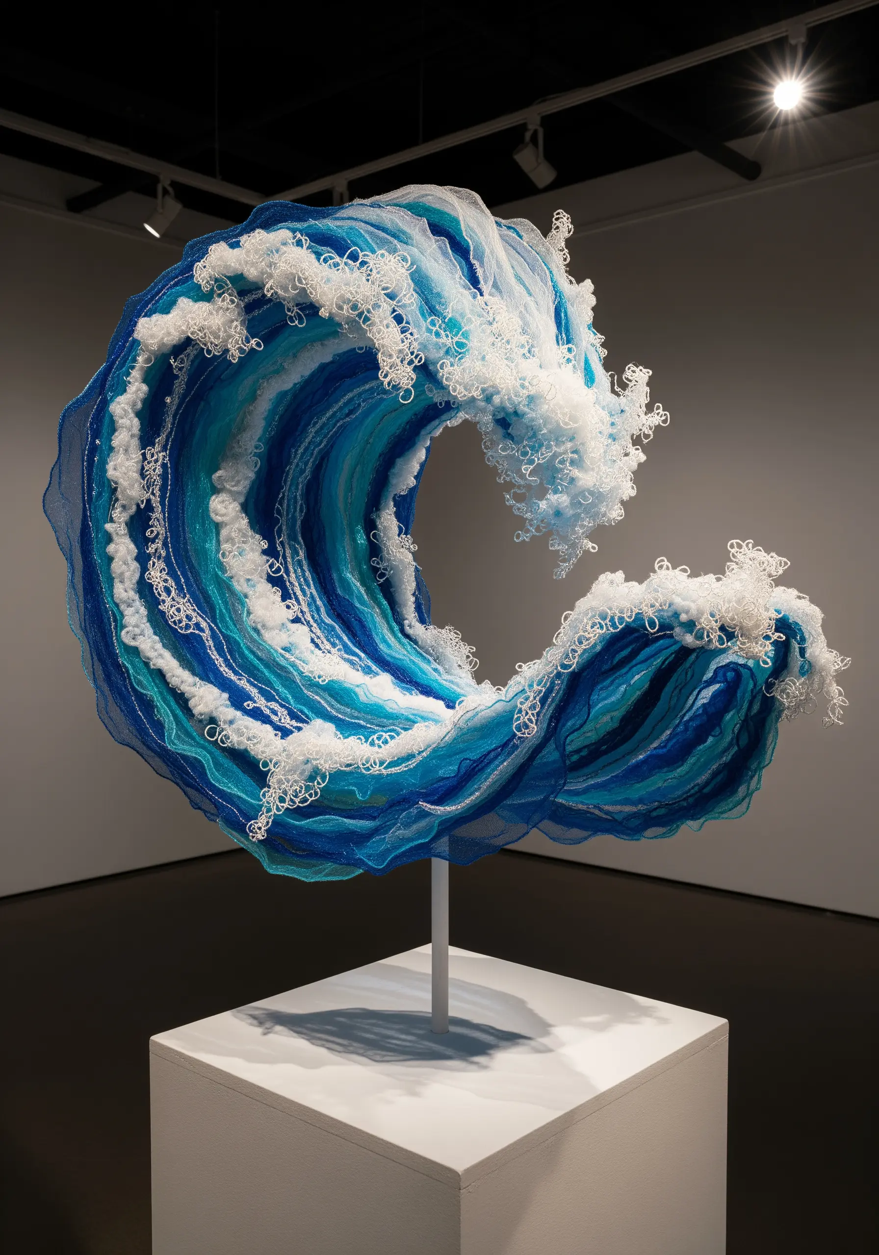 A freestanding sculpture of an ocean wave made from layered blue fabric, thread, and fiber.