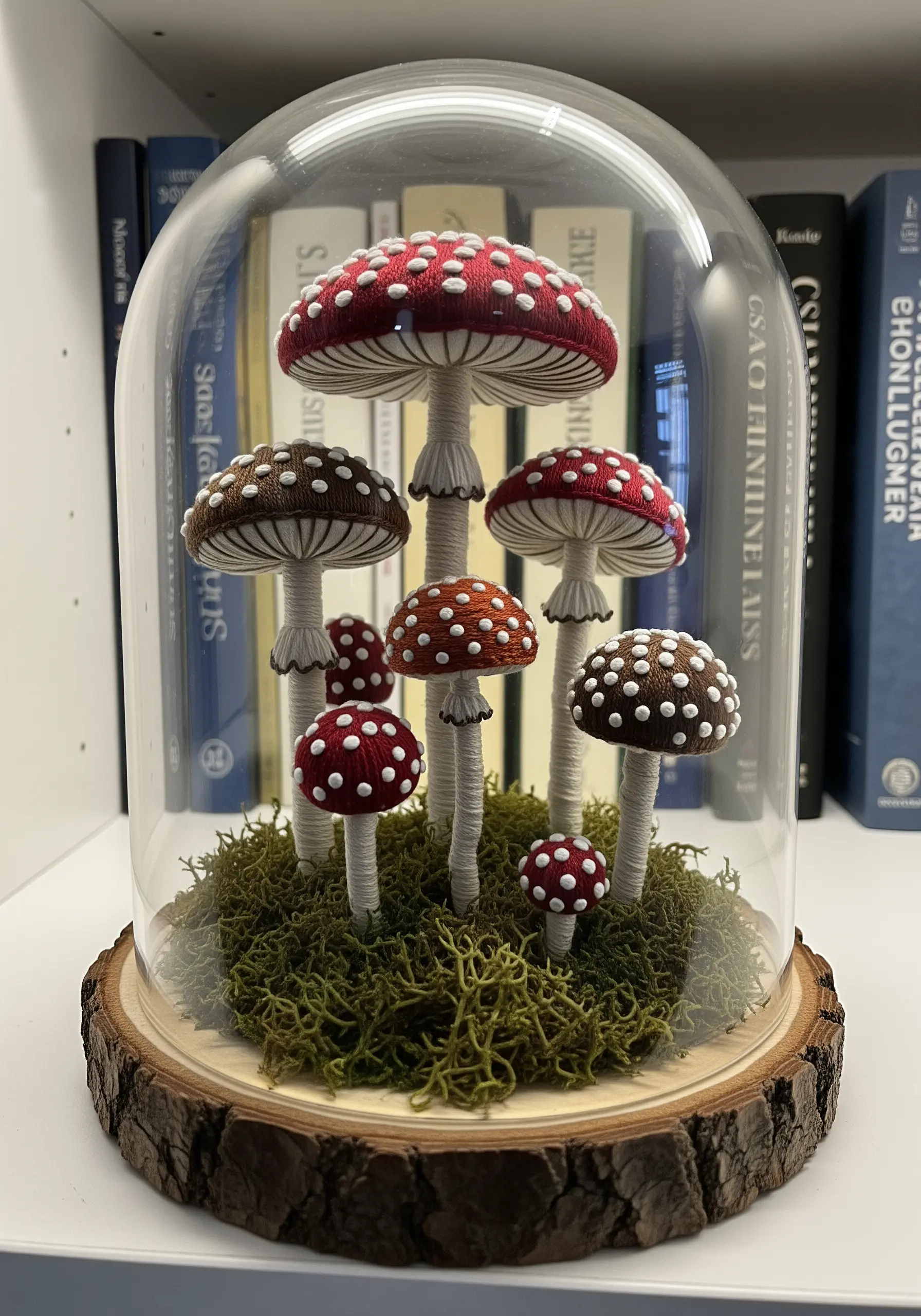 A collection of 3D embroidered mushrooms displayed under a glass cloche.