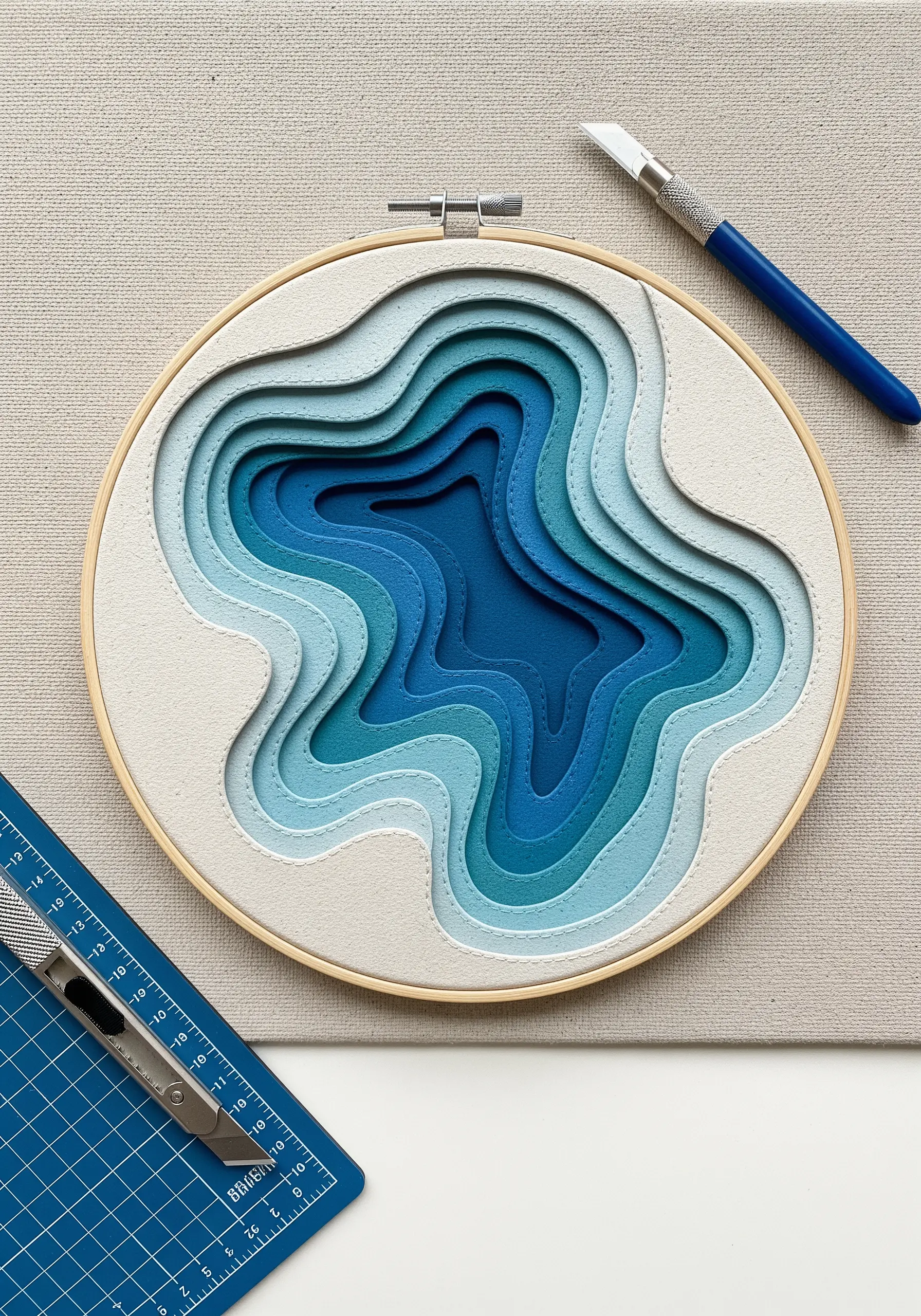 A topographical design in a hoop, made from layered shades of blue felt with subtle stitched outlines.