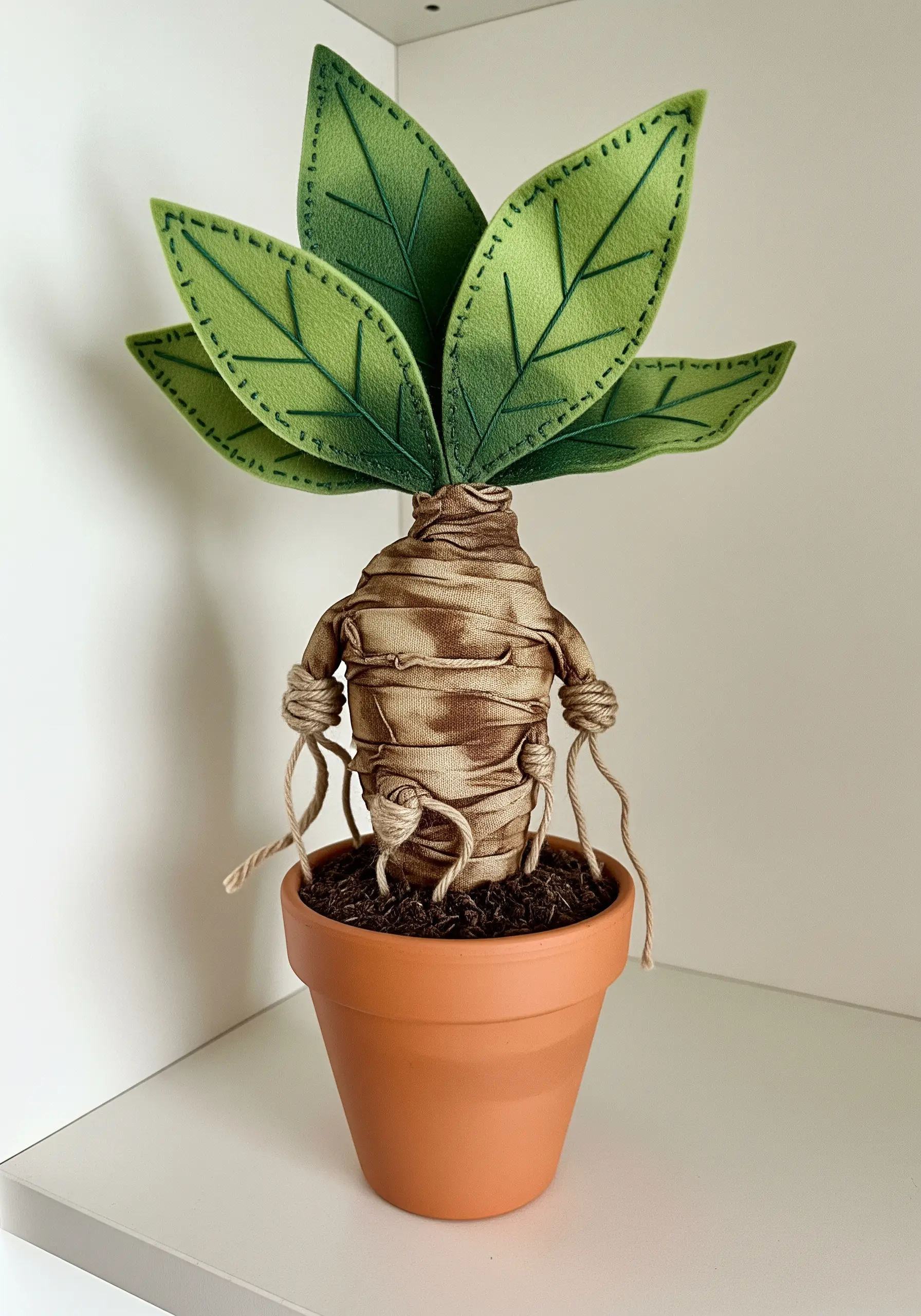 A 3D fabric sculpture of a potted mandrake with felt leaves.
