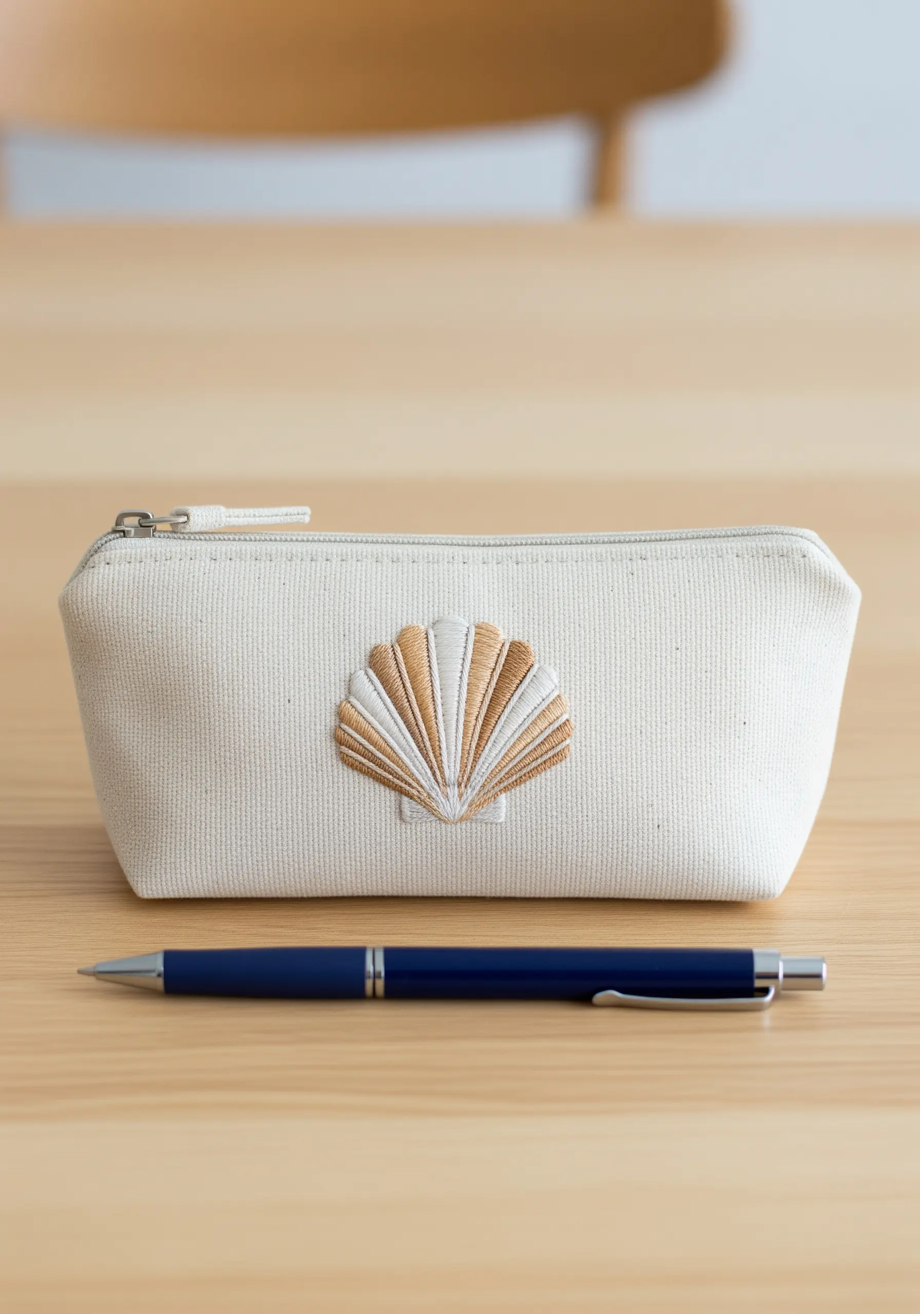An embroidered seashell with satin stitches angled to create realistic ridges.