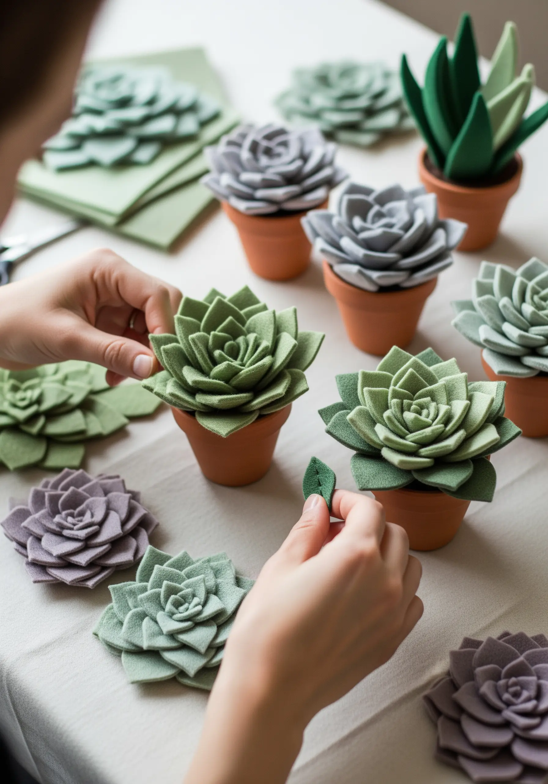 Hands assembling small, realistic succulents made from layered green and grey felt.