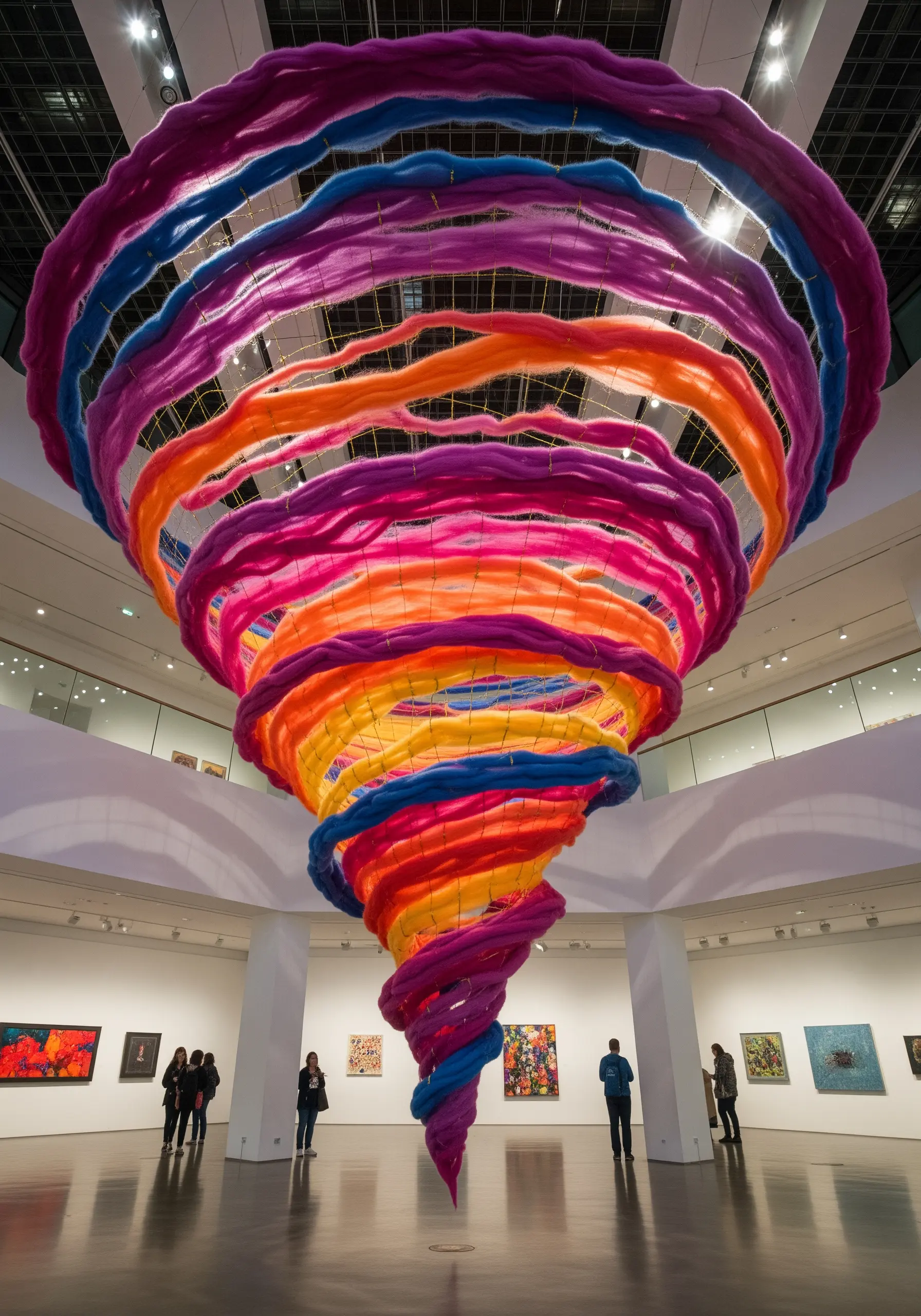 A large, colorful fiber art installation spiraling like a vortex in a gallery.