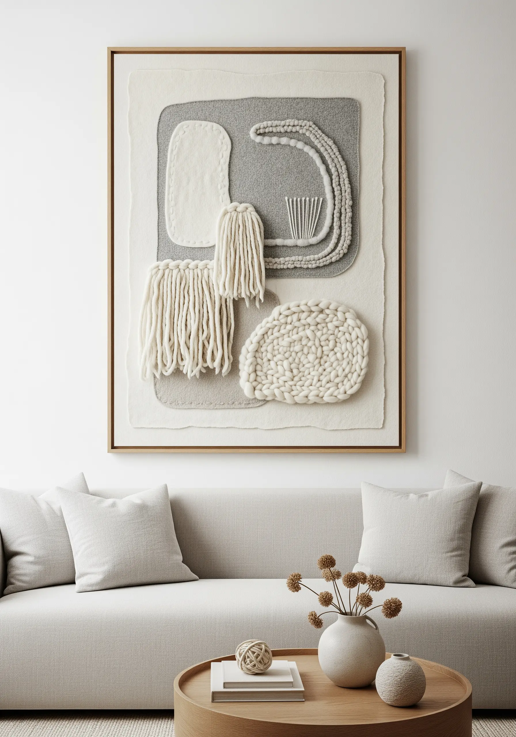 A framed abstract fiber art piece with chunky white and grey yarn textures on a neutral background.