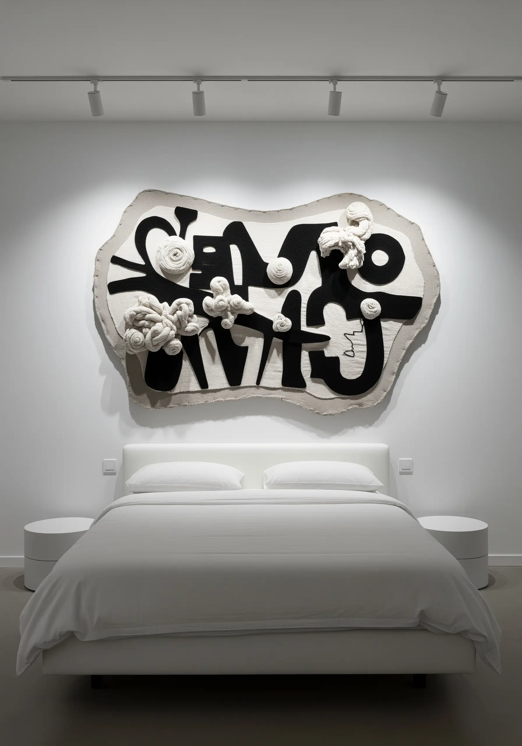 A large abstract and sculptural fiber art piece with black shapes and 3D white knotted elements.