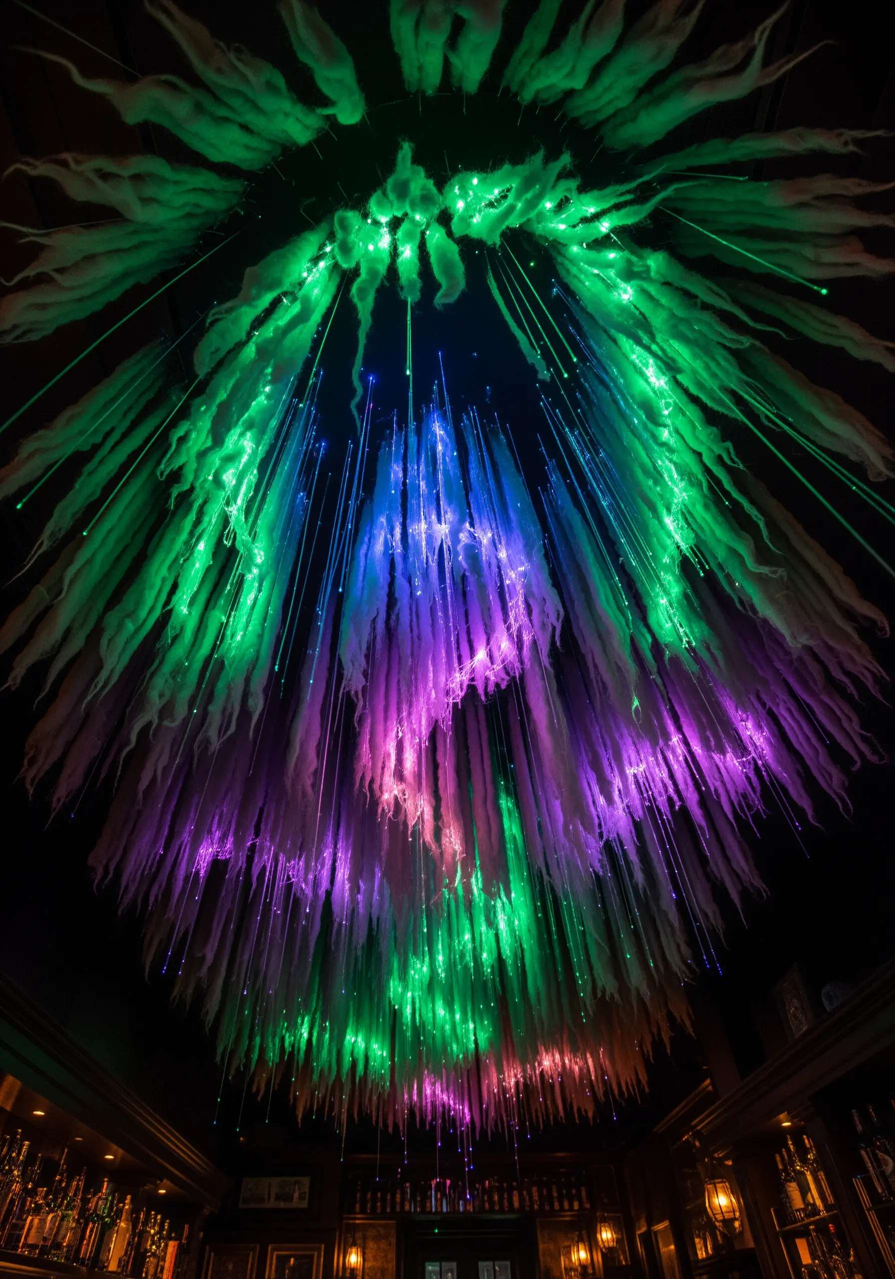 A ceiling installation of hanging wool fiber illuminated from within by green and purple fiber optic lights.