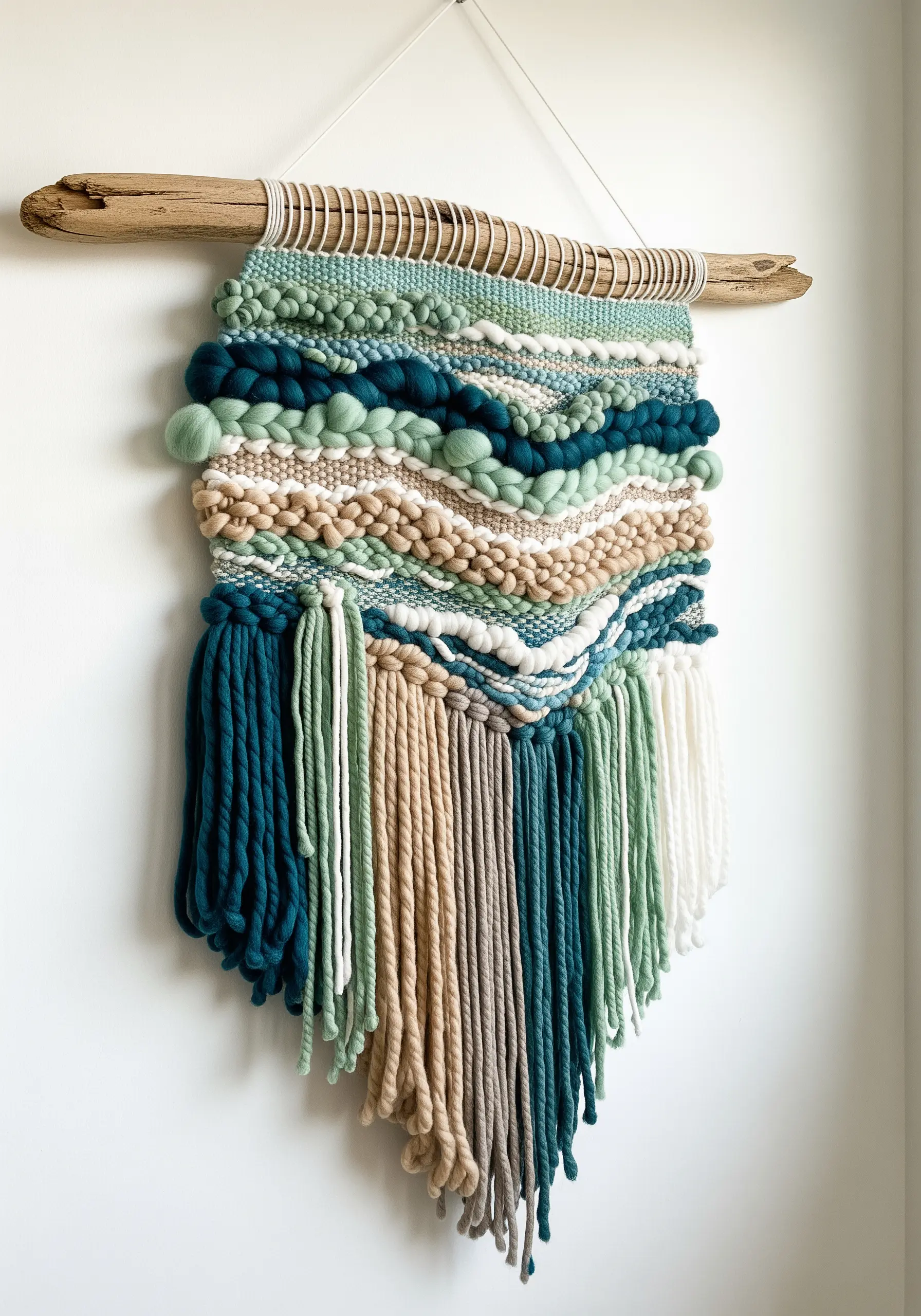 Woven wall hanging on driftwood, with chunky roving and soumak braids in shades of green and teal.