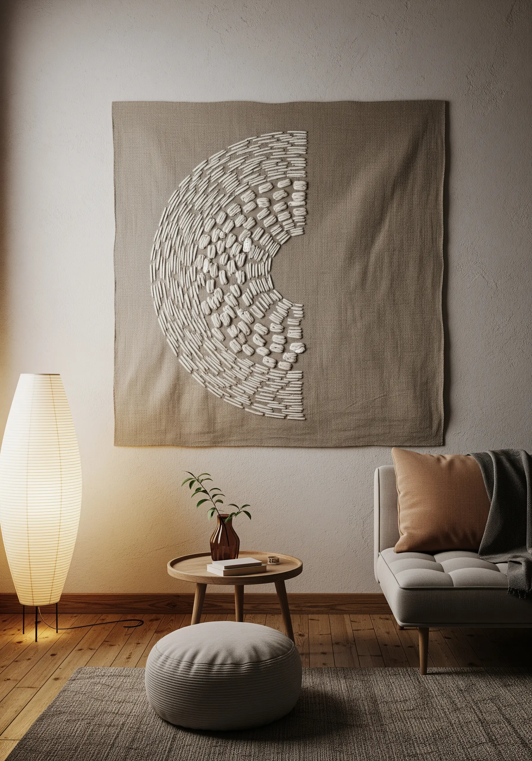 Large-scale abstract wall hanging with raised, padded white embroidery on a neutral background.