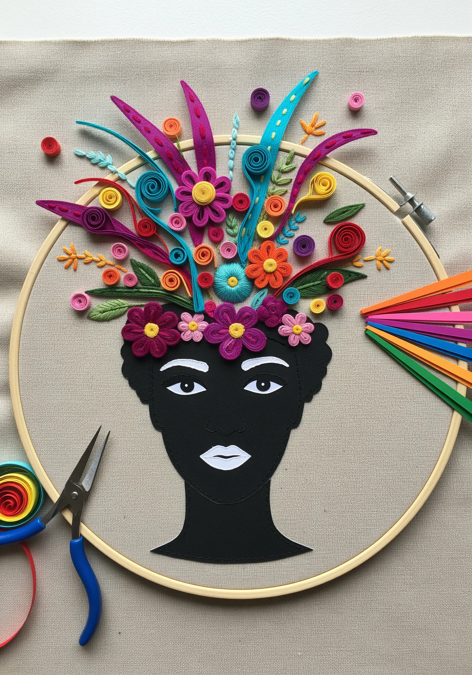 A black paper silhouette portrait adorned with a vibrant headdress of quilled paper and embroidery.