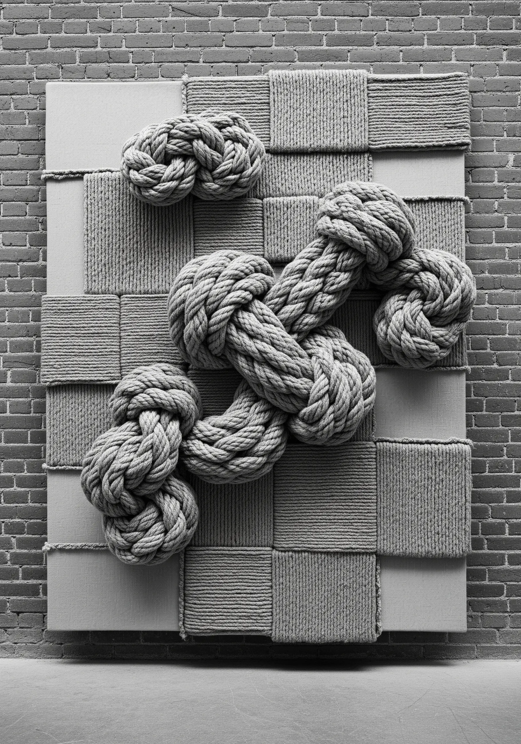 Monochromatic wall art with thick, sculpted rope knots on a gridded canvas background.