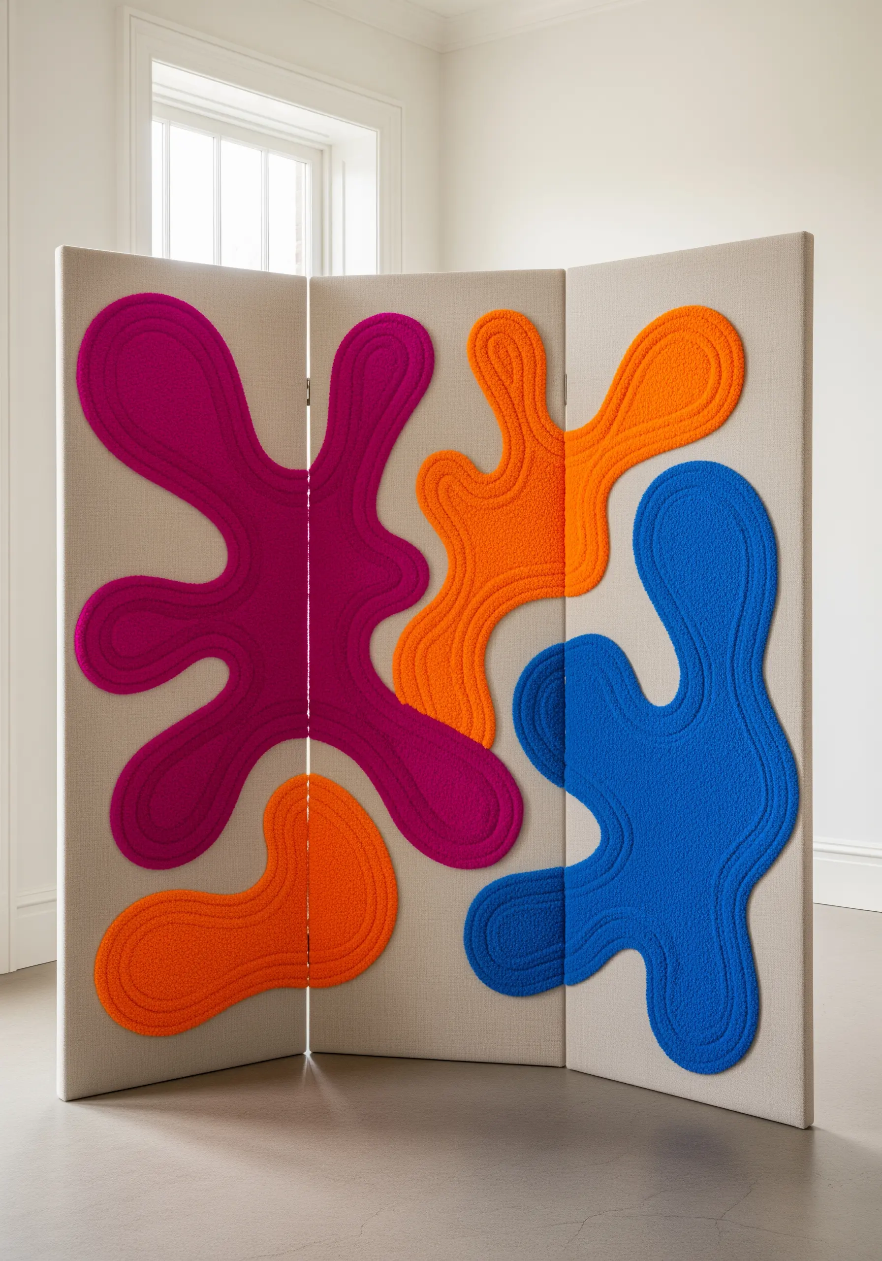 A room divider decorated with large, abstract, tufted shapes in orange, pink, and blue.
