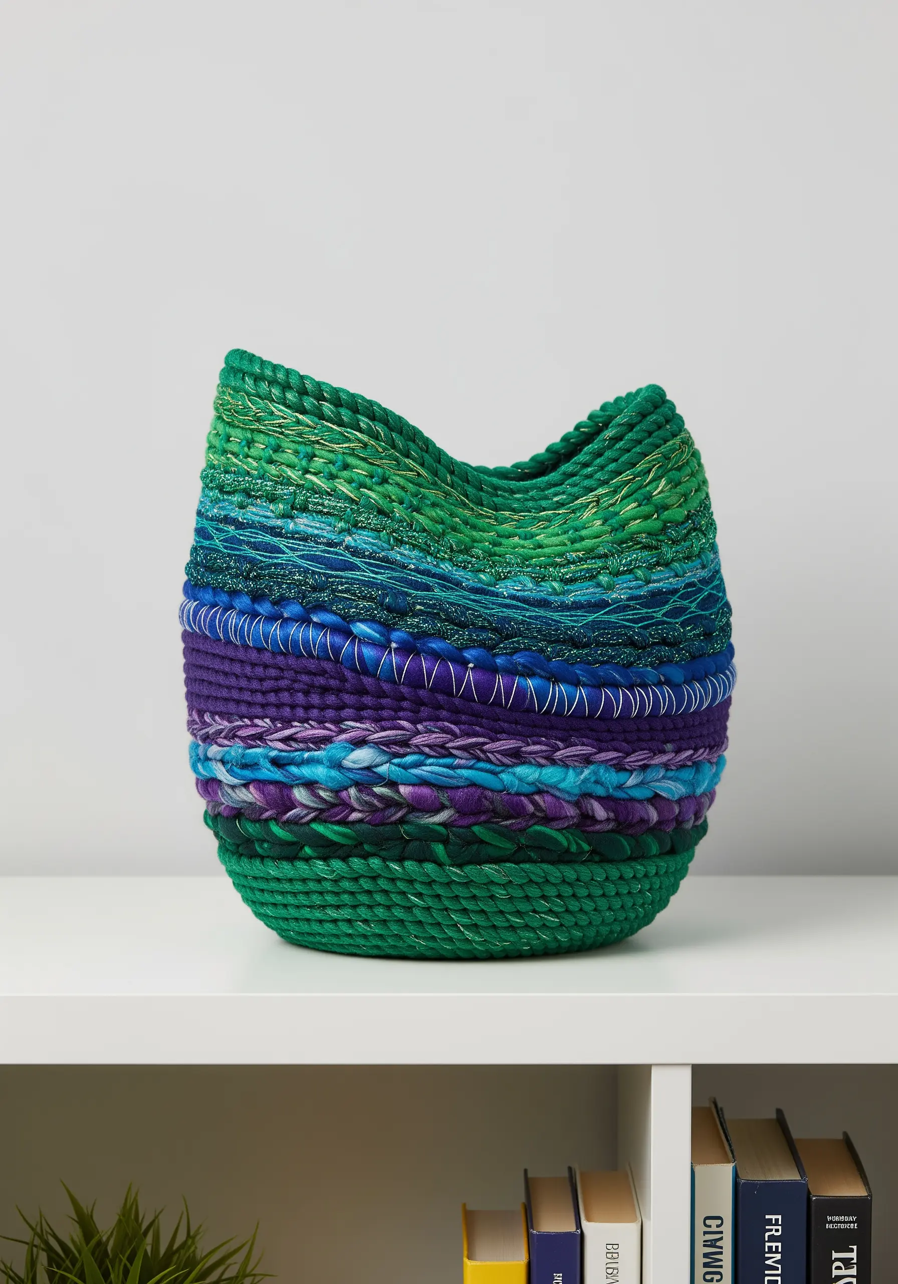A sculptural woven vessel in shades of green, blue, and purple with varied textures.