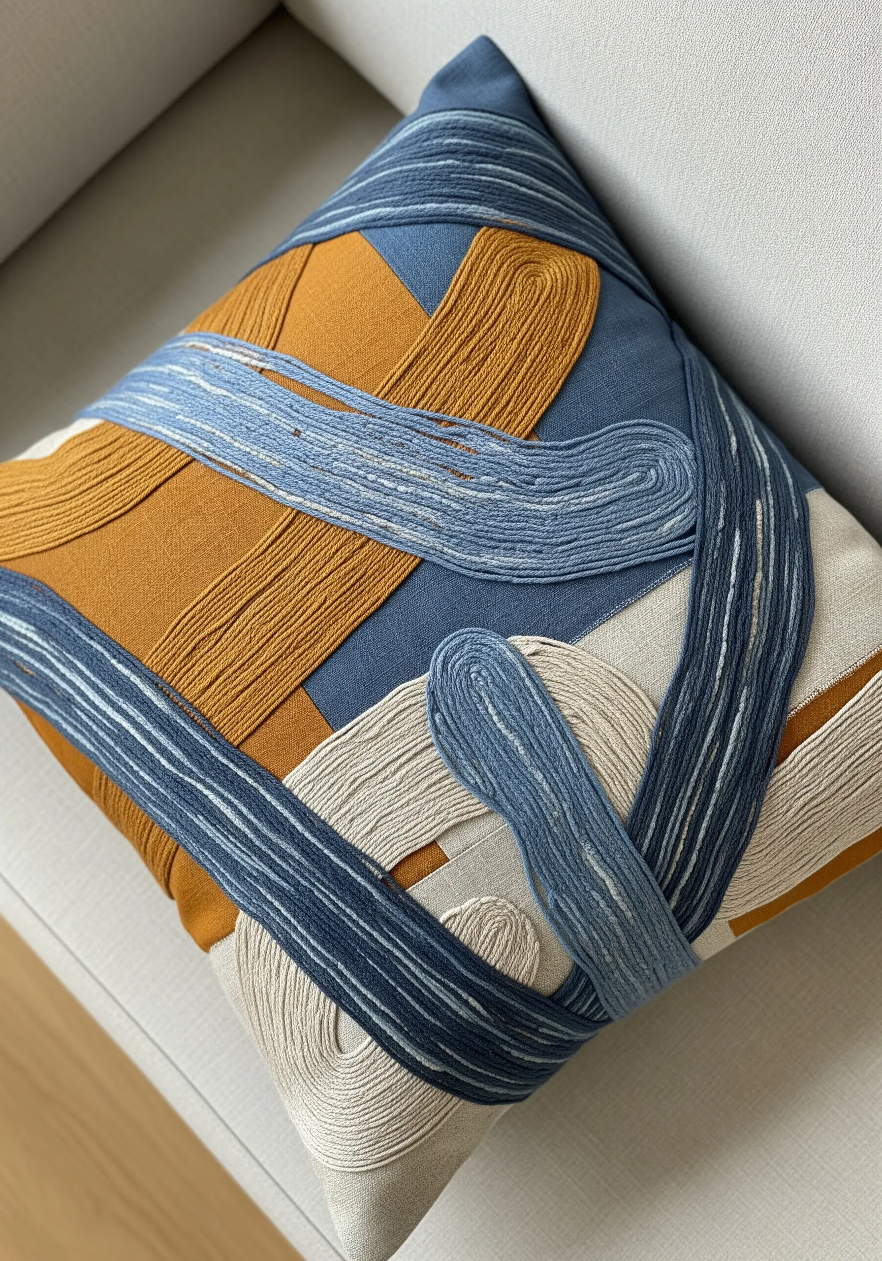Abstract cushion with thick, couched yarn lines in shades of blue and gold over color-blocked fabric.