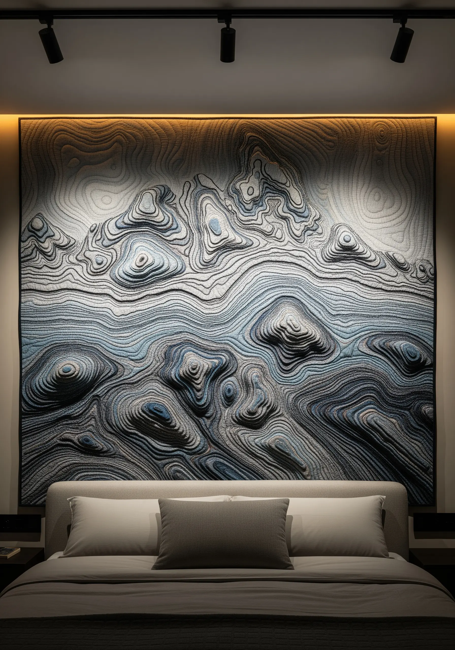 Large, textured wall art above a bed depicting topographic lines in shades of gray and blue.