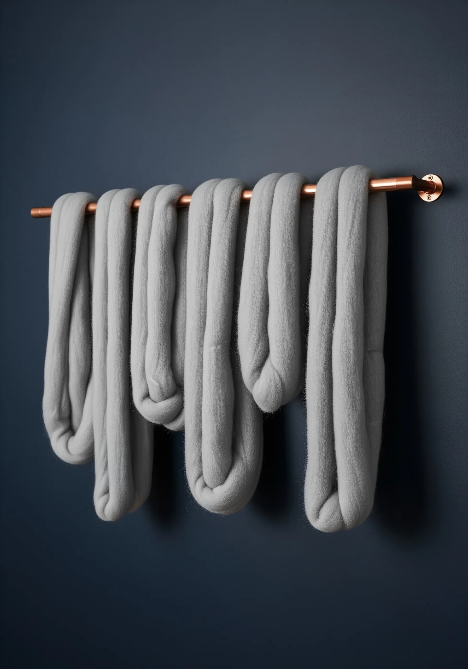 Thick, grey unspun wool roving draped elegantly over a copper rod against a dark wall.