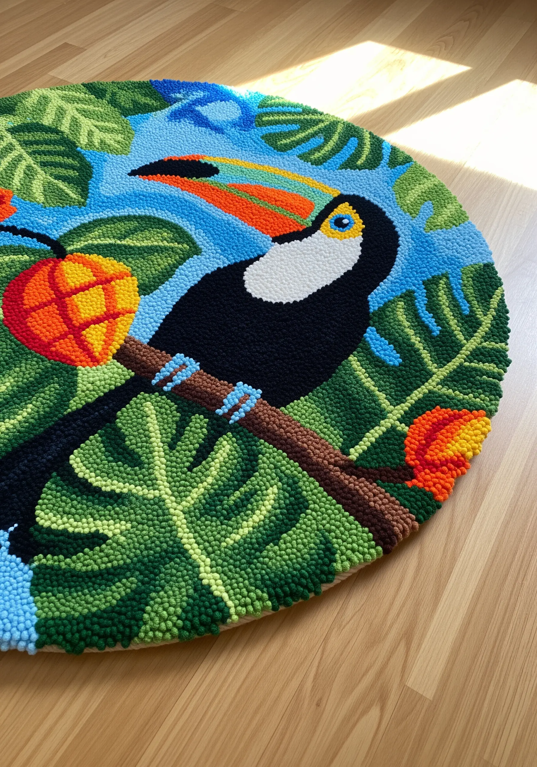 A round punch needle rug depicting a colorful toucan in a jungle scene.