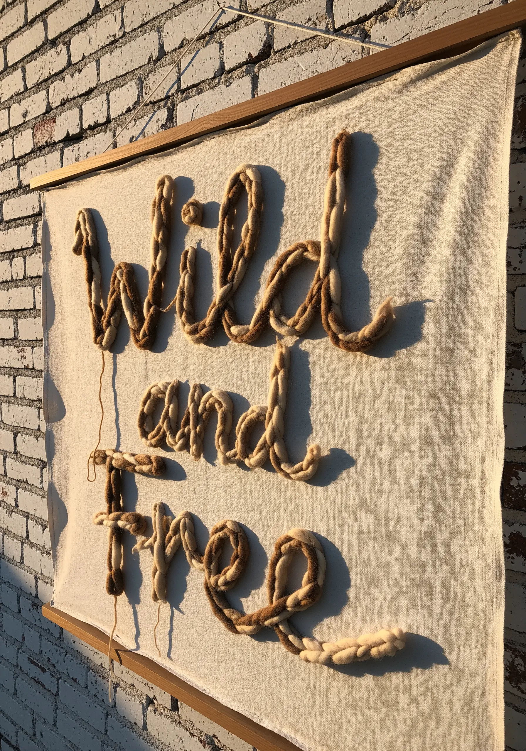 Cursive letters made from thick, soft two-tone wool roving on a canvas.
