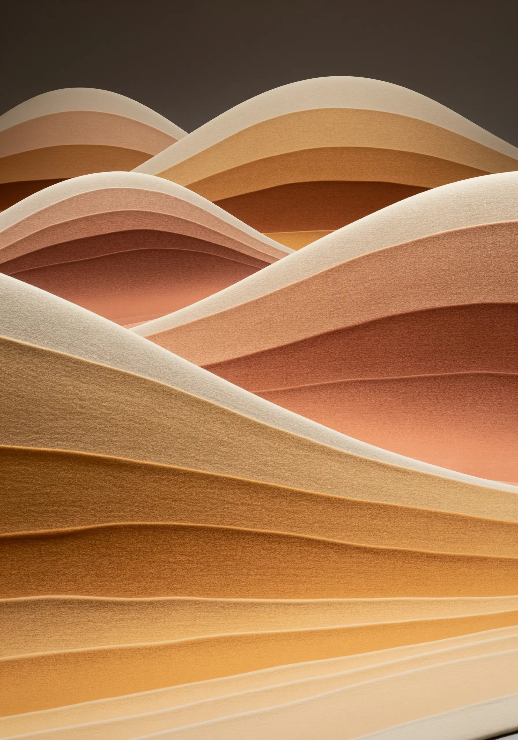 A sculptural installation of layered fabric in shades of tan and brown, resembling sand dunes.
